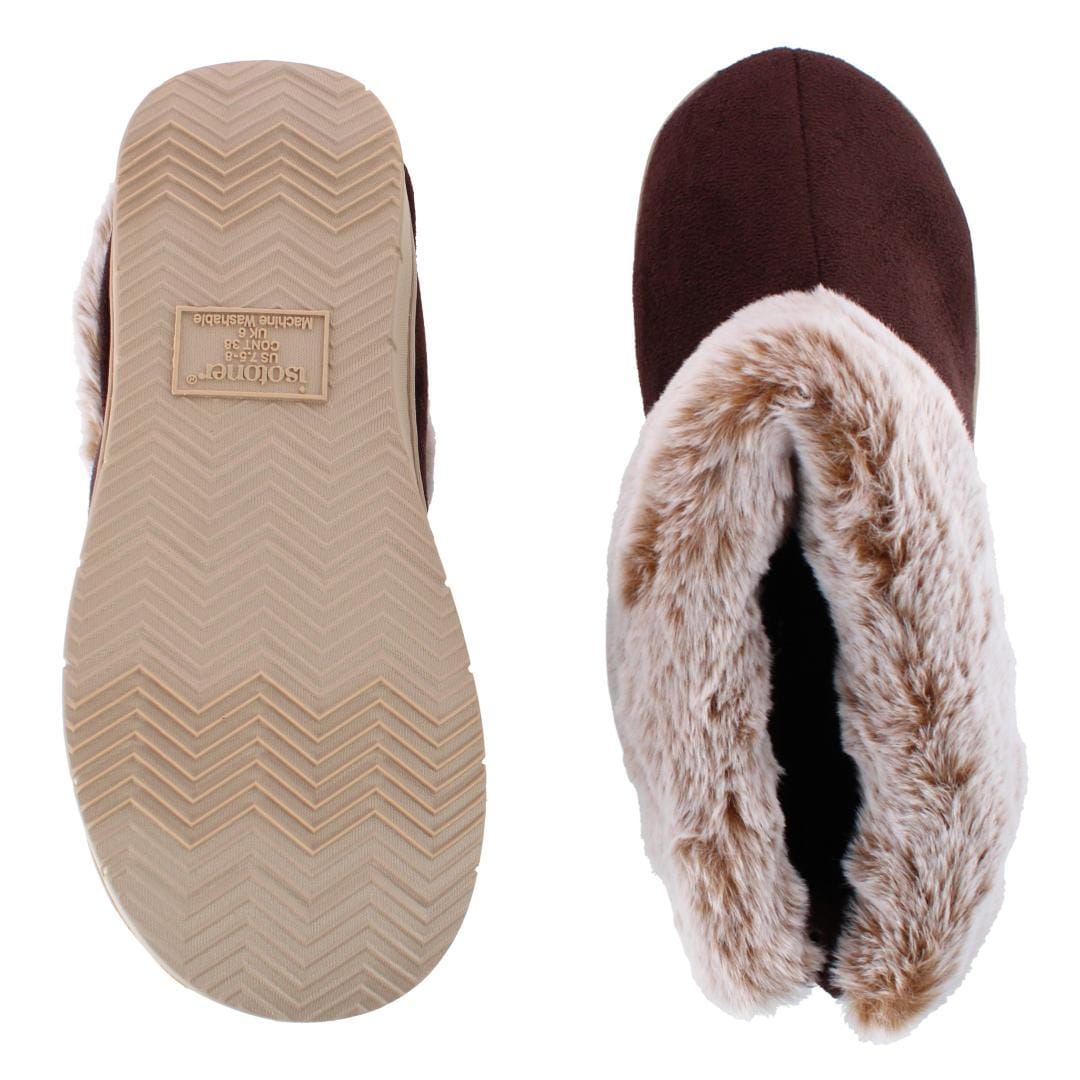 Isotoner Women's Recycled Microsuede and Faux Fur Boot Slipper - Dark Chocolate