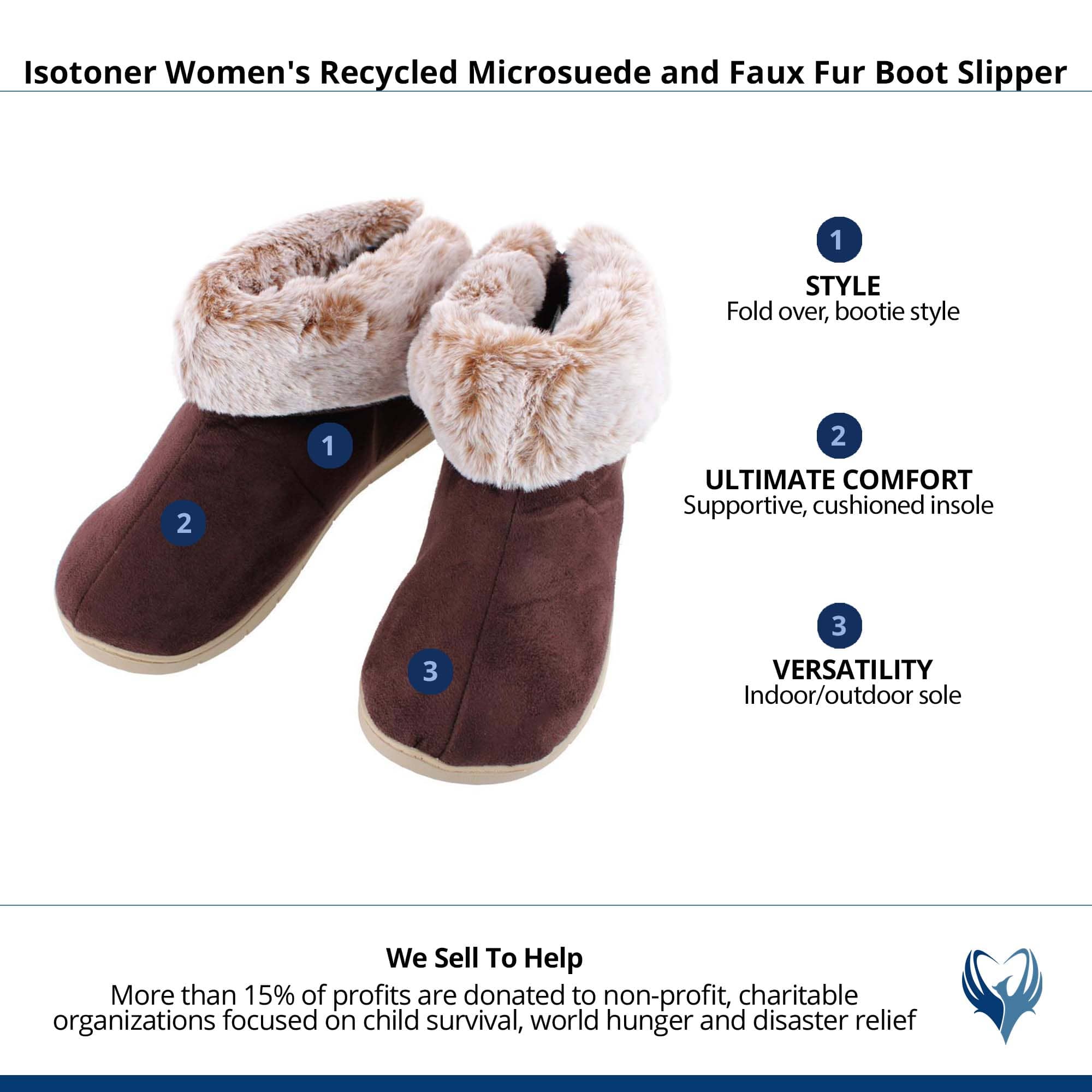 Isotoner Women's Recycled Microsuede and Faux Fur Boot Slipper - Dark Chocolate