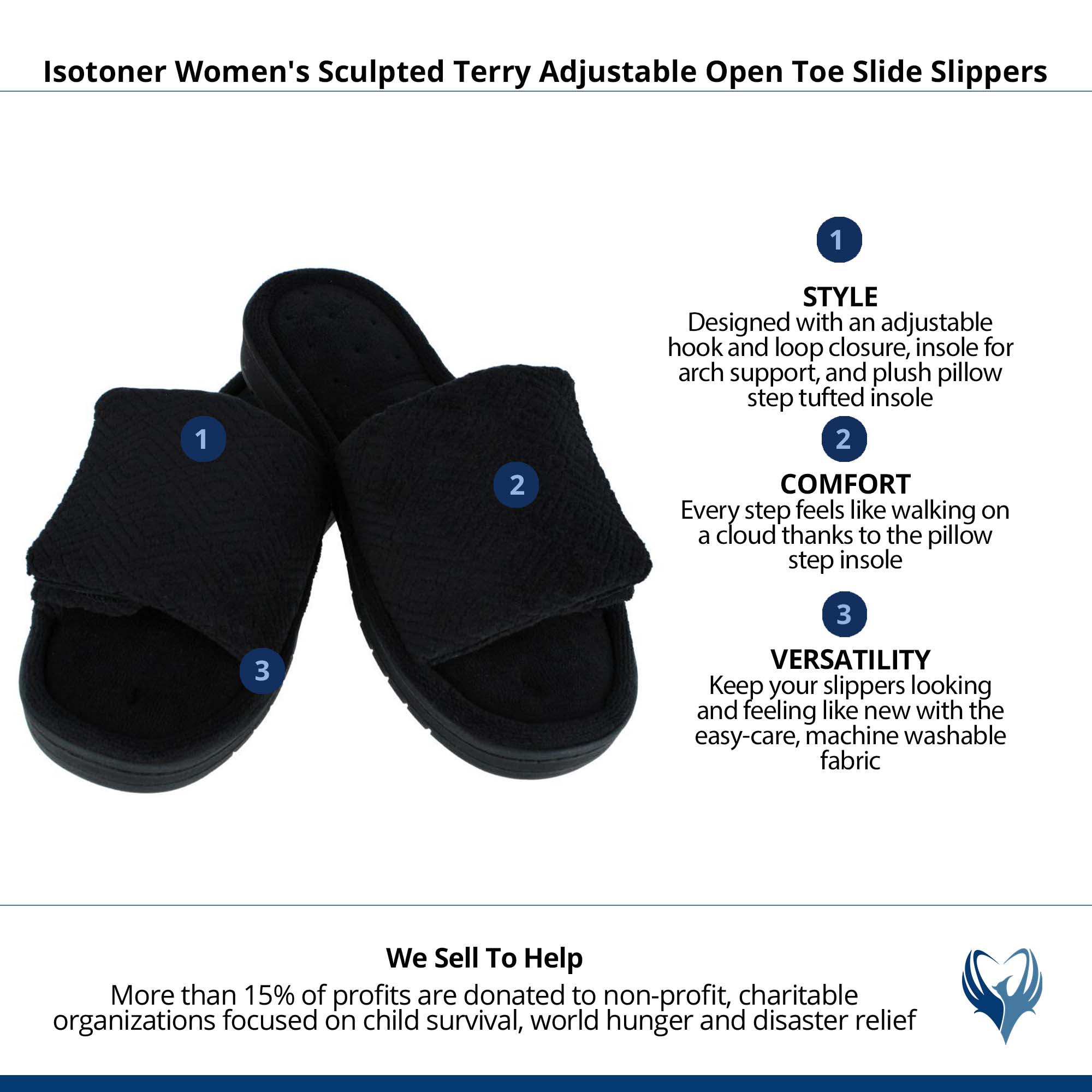 Isotoner Women's Sculpted Terry Adjustable Open Toe Slide Slippers - Black
