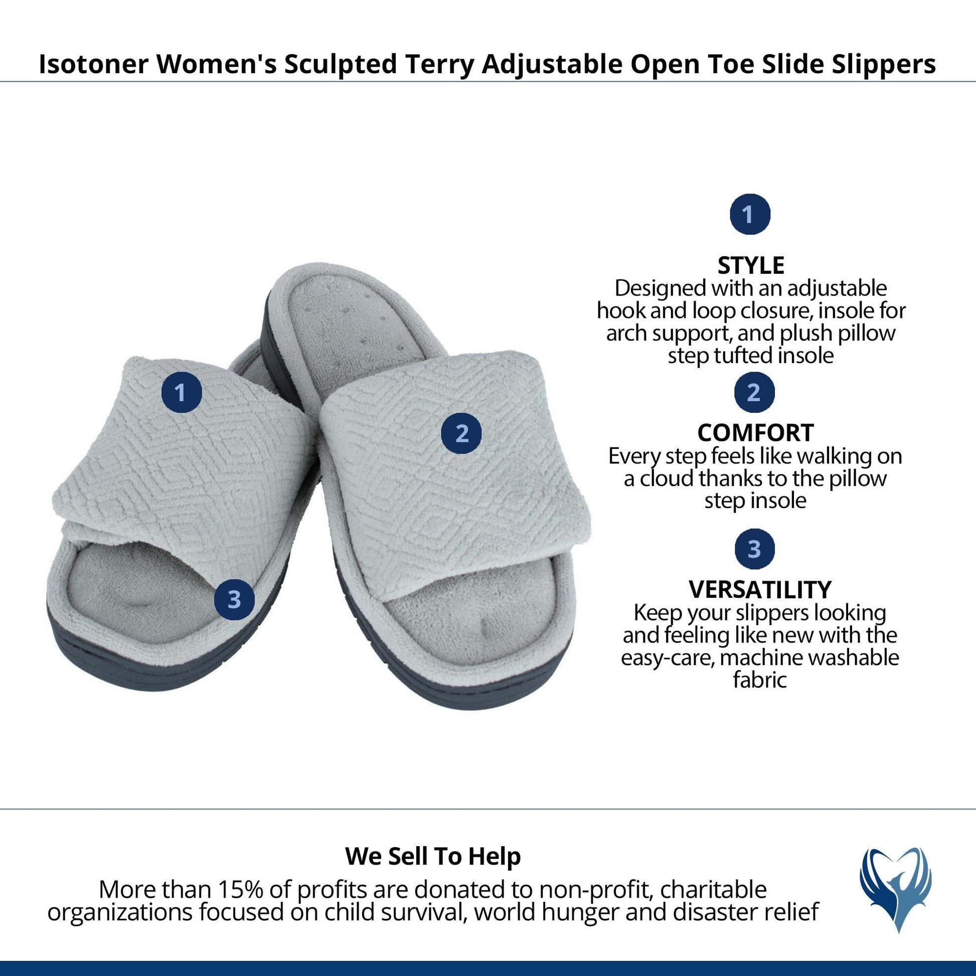 Isotoner Women's Sculpted Terry Adjustable Open Toe Slide Slippers - Light Gray