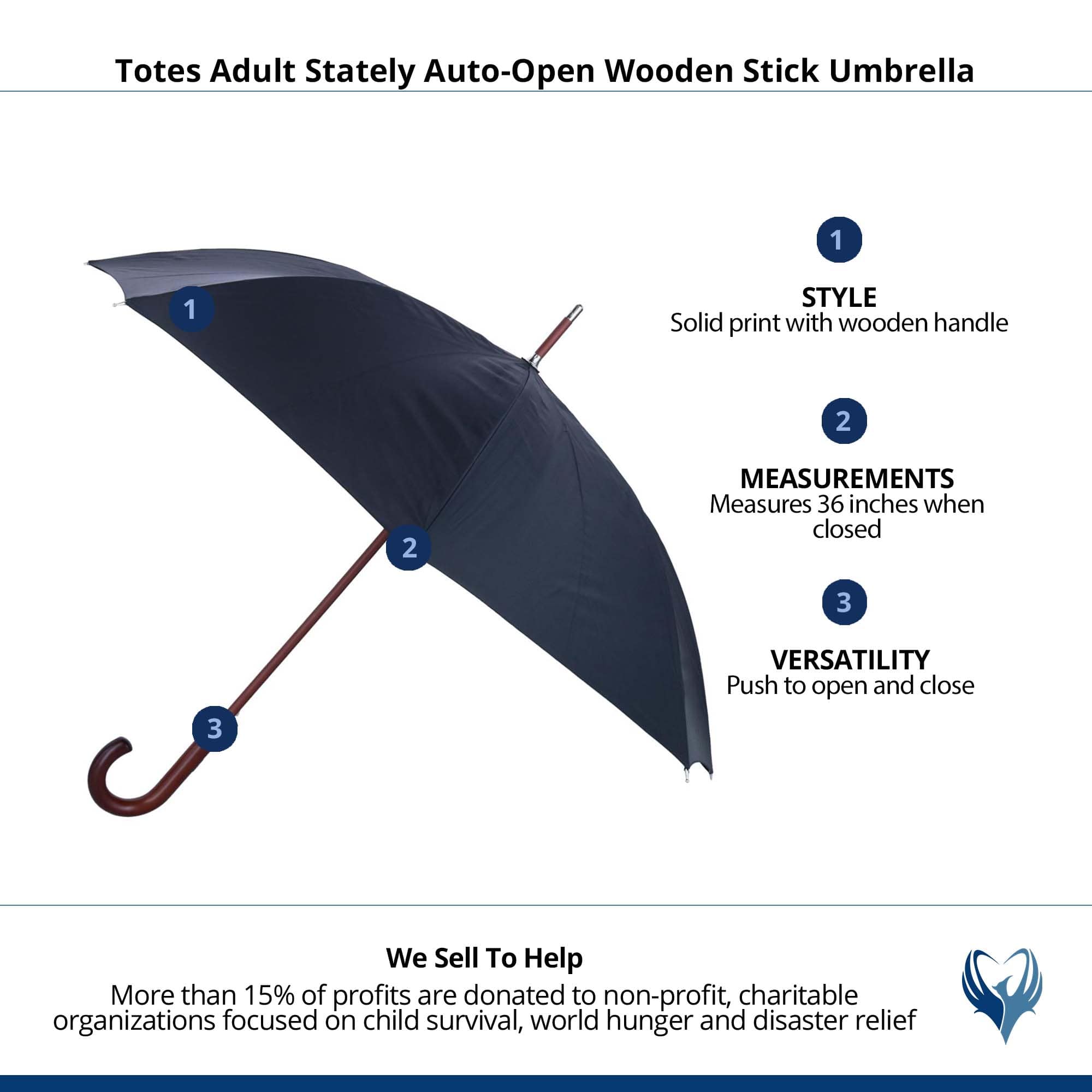 Totes Adult Stately Auto-Open Wooden Stick Umbrella - Black