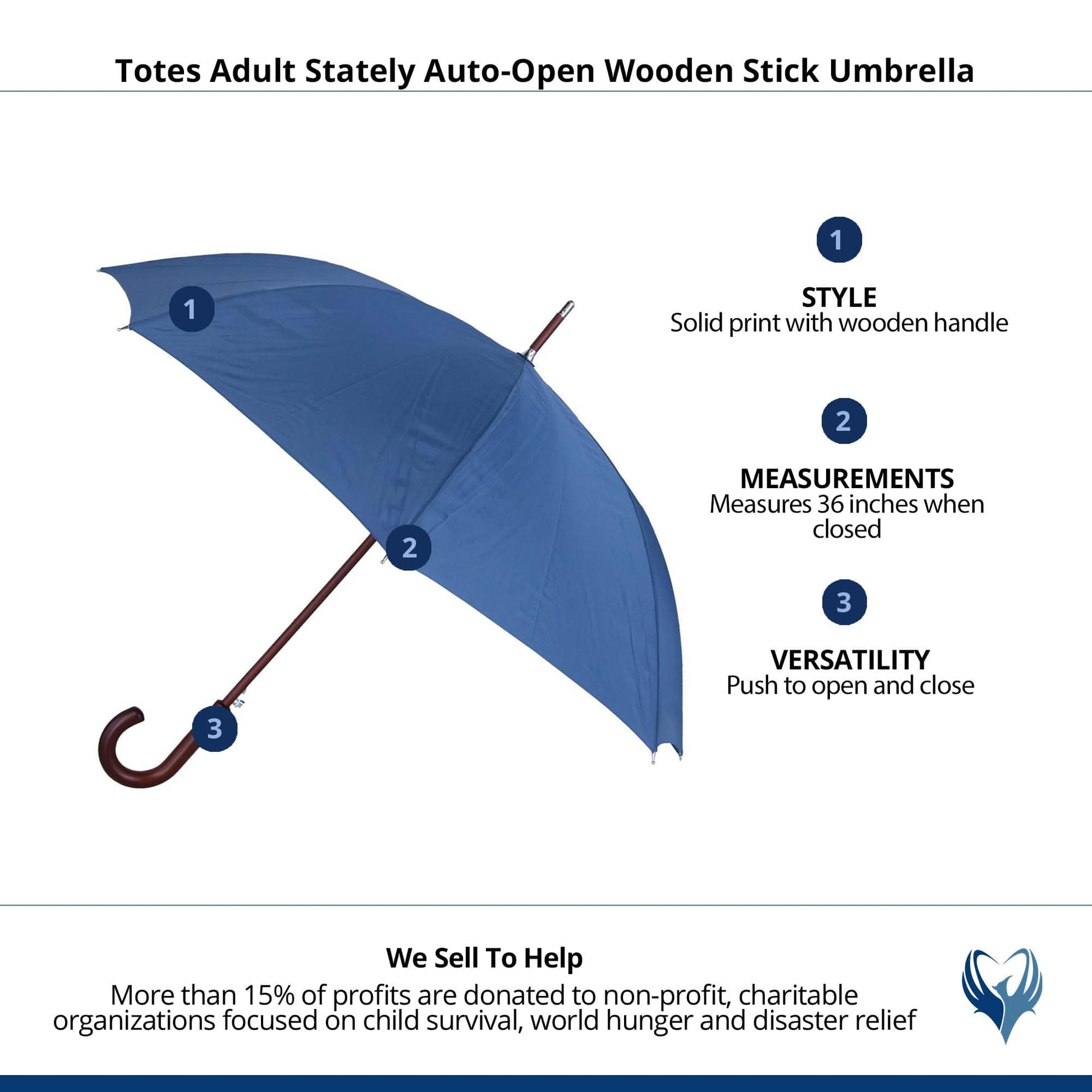 Totes Adult Stately Auto-Open Wooden Stick Umbrella - Steel Blue