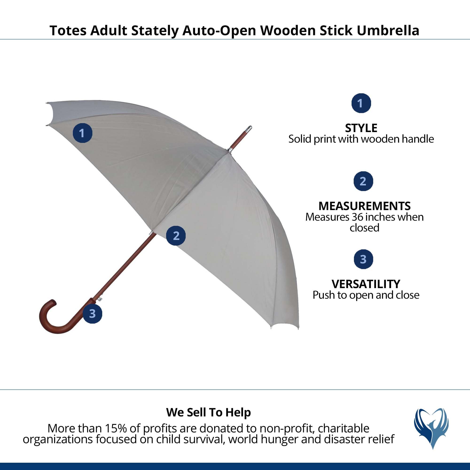 Totes Adult Stately Auto-Open Wooden Stick Umbrella - British Tan
