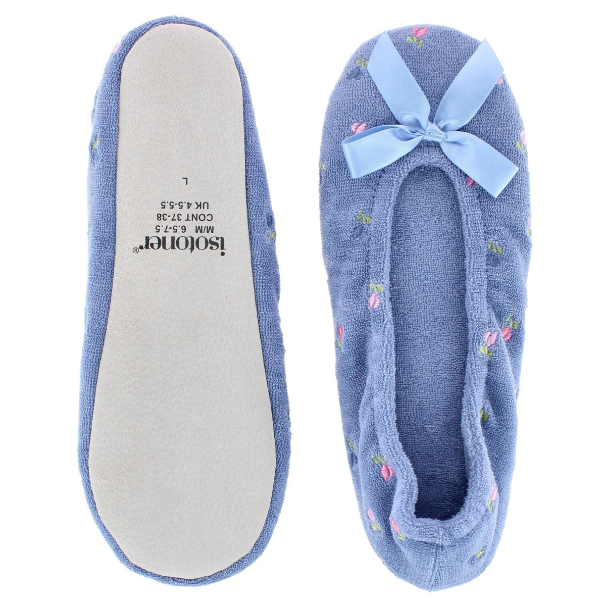 Isotoner Women's Embroidered Terry Ballerina Slippers - Periwinkle Blue