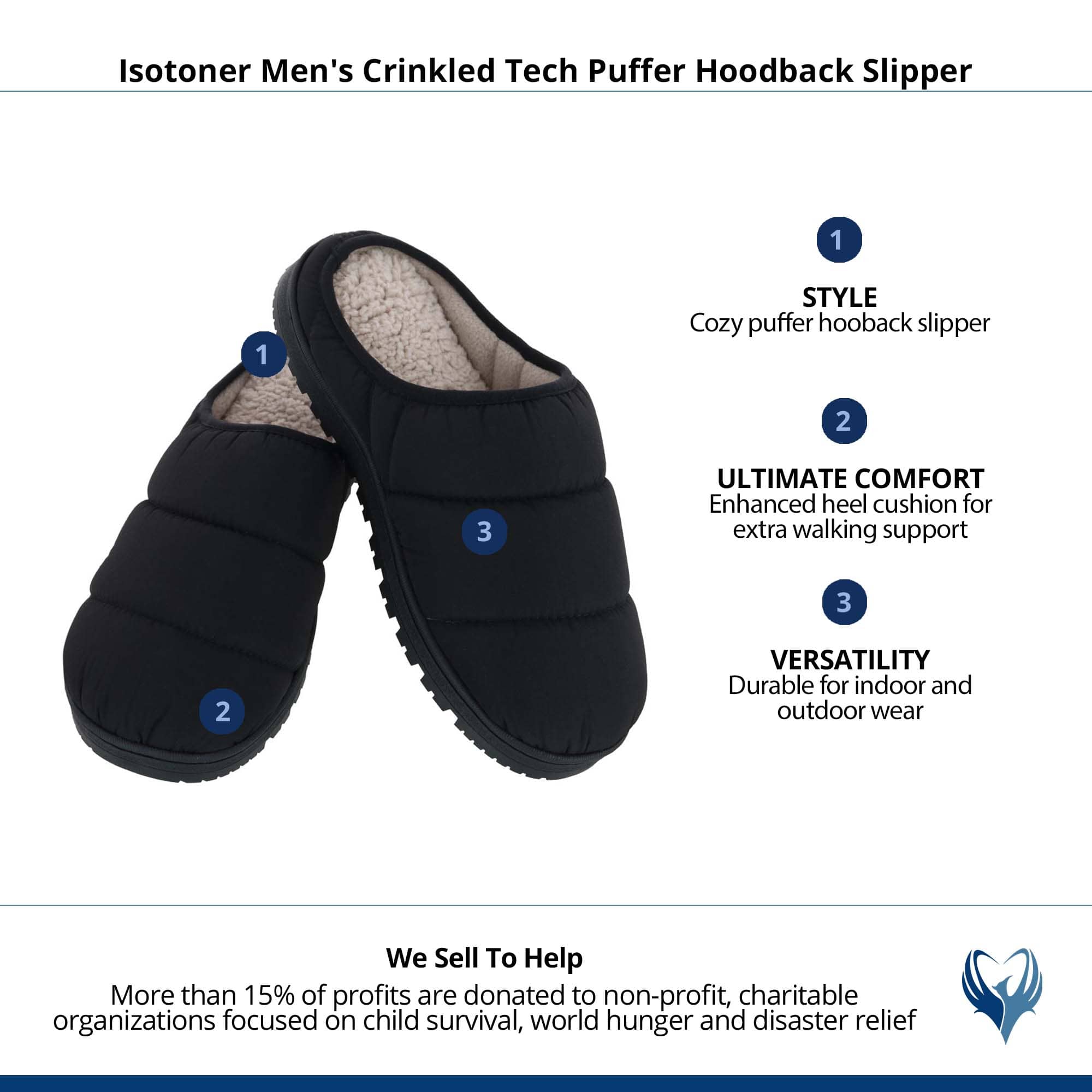 Isotoner Men's Crinkled Tech Puffer Hoodback Slipper - Black