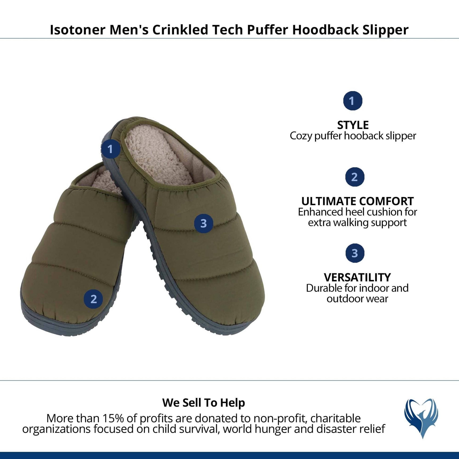 Isotoner Men's Crinkled Tech Puffer Hoodback Slipper - Loden