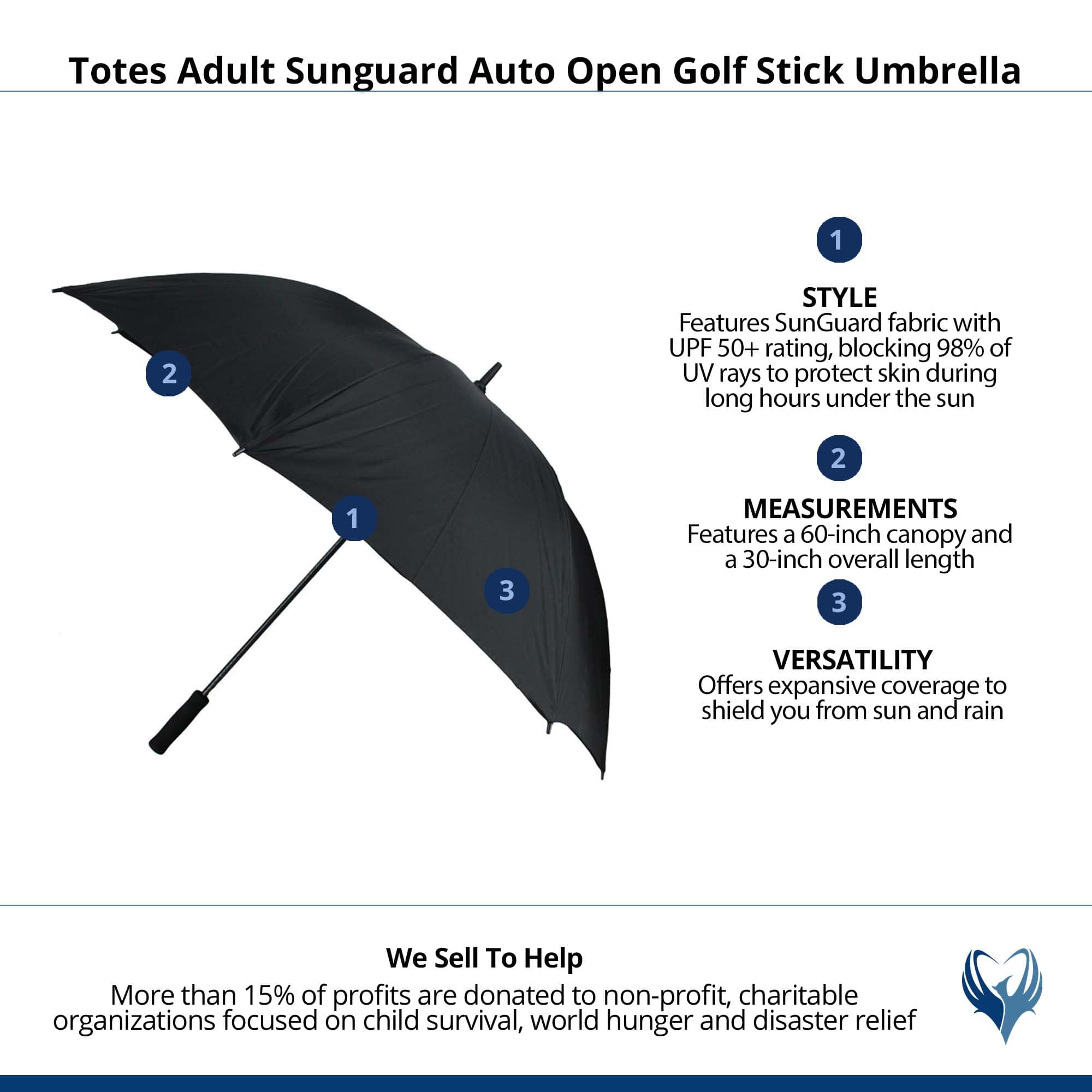 Totes Adult Sunguard Auto Open Golf Stick Umbrella - Black