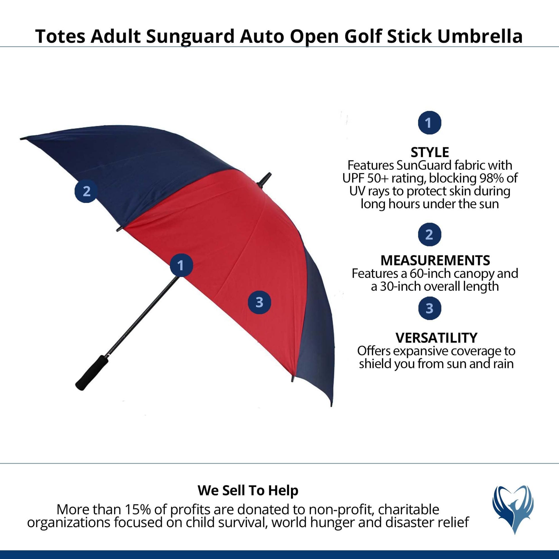 Totes Adult Sunguard Auto Open Golf Stick Umbrella - Navy/Red