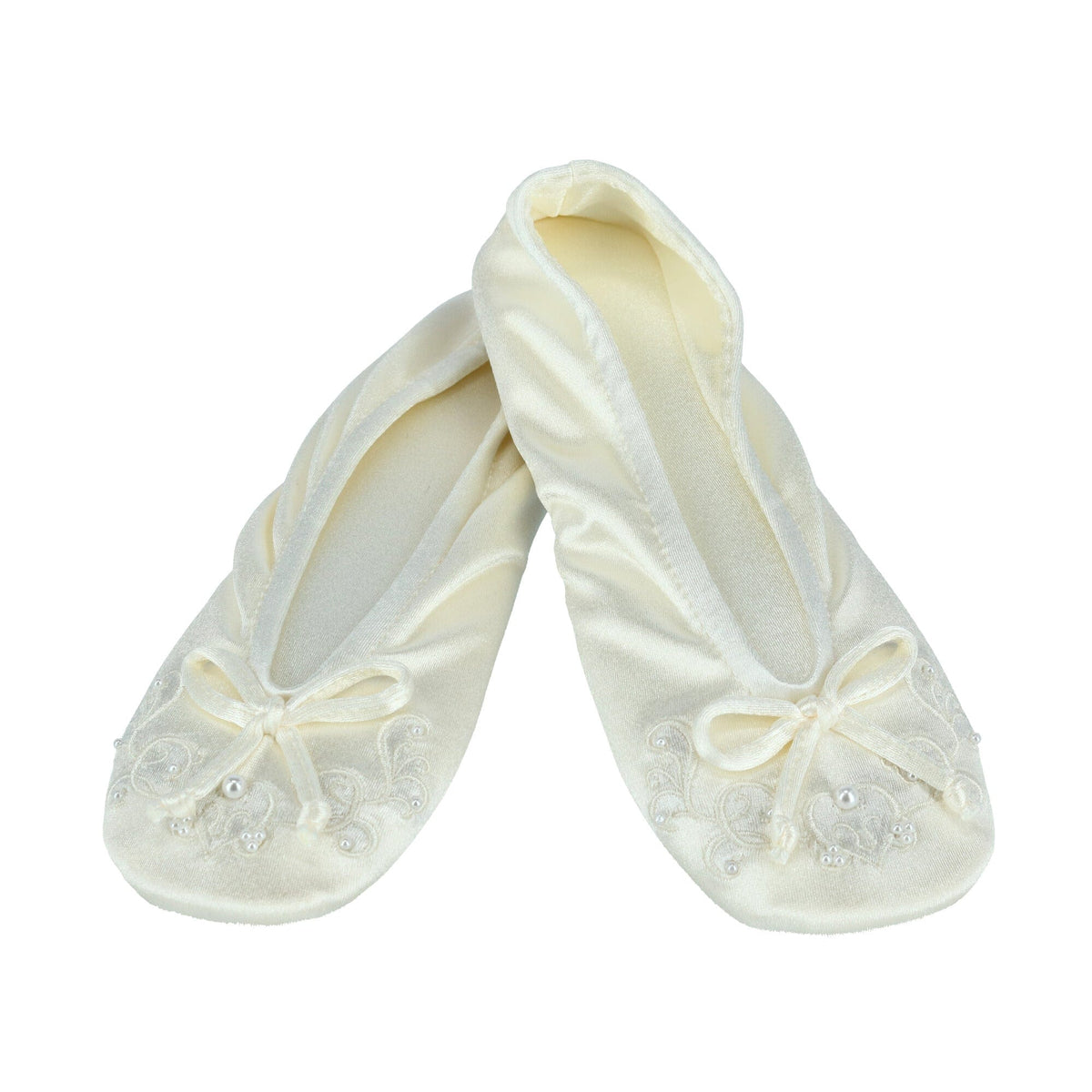Isotoner Women's Embroidered Pearl Satin Ballerina Slippers - Ivory