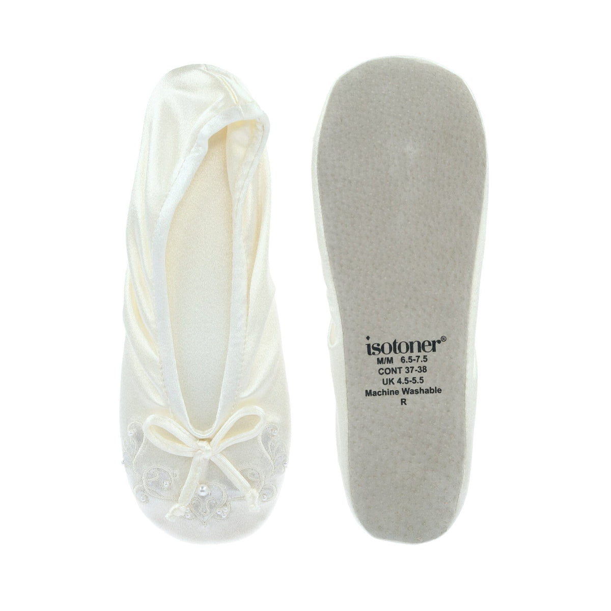 Isotoner Women's Embroidered Pearl Satin Ballerina Slippers - Ivory