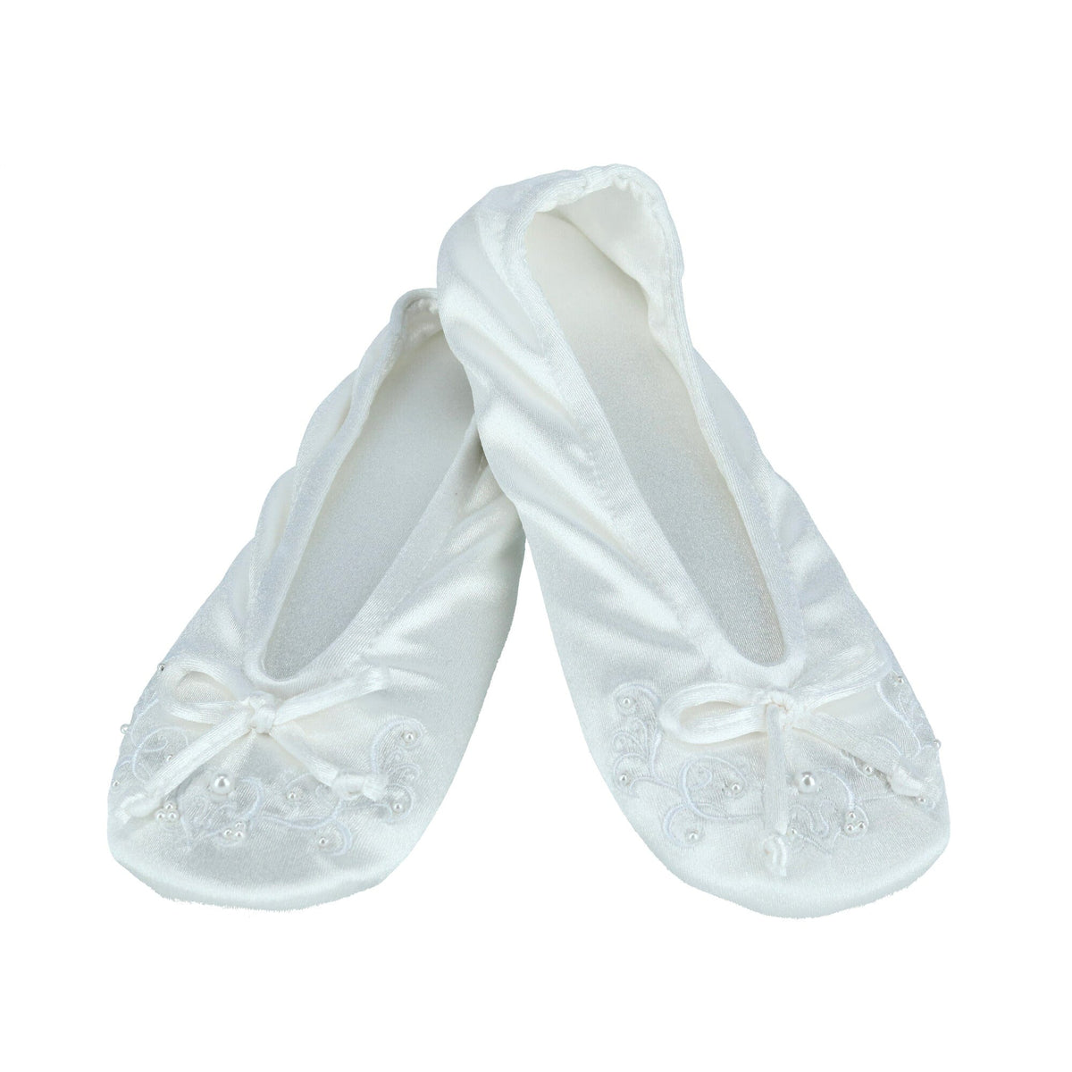 Isotoner Women's Embroidered Pearl Satin Ballerina Slippers - White