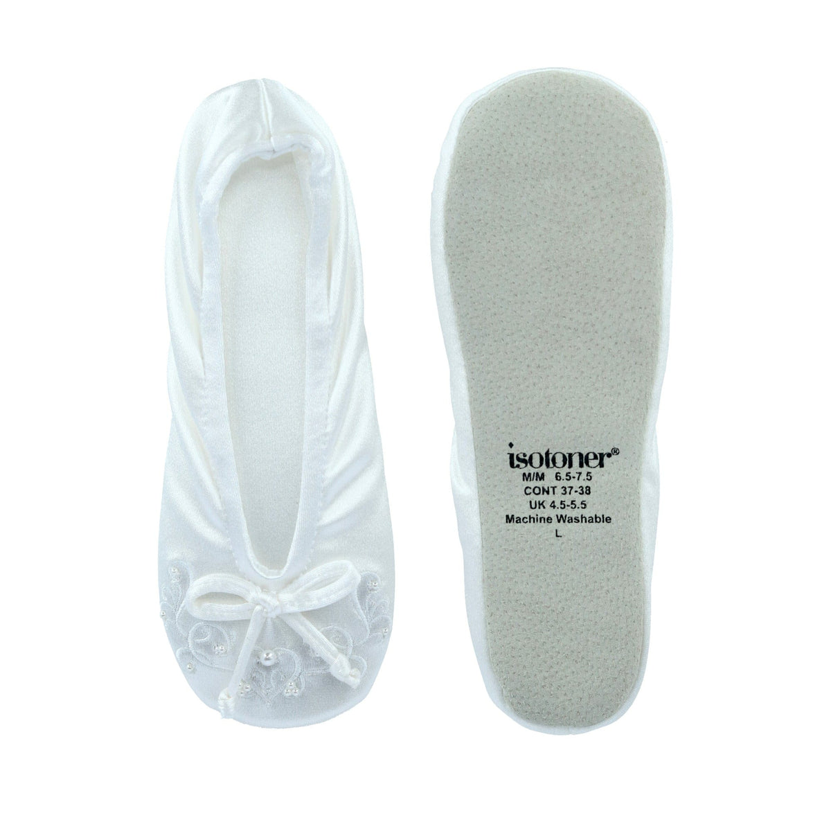 Isotoner Women's Embroidered Pearl Satin Ballerina Slippers - White