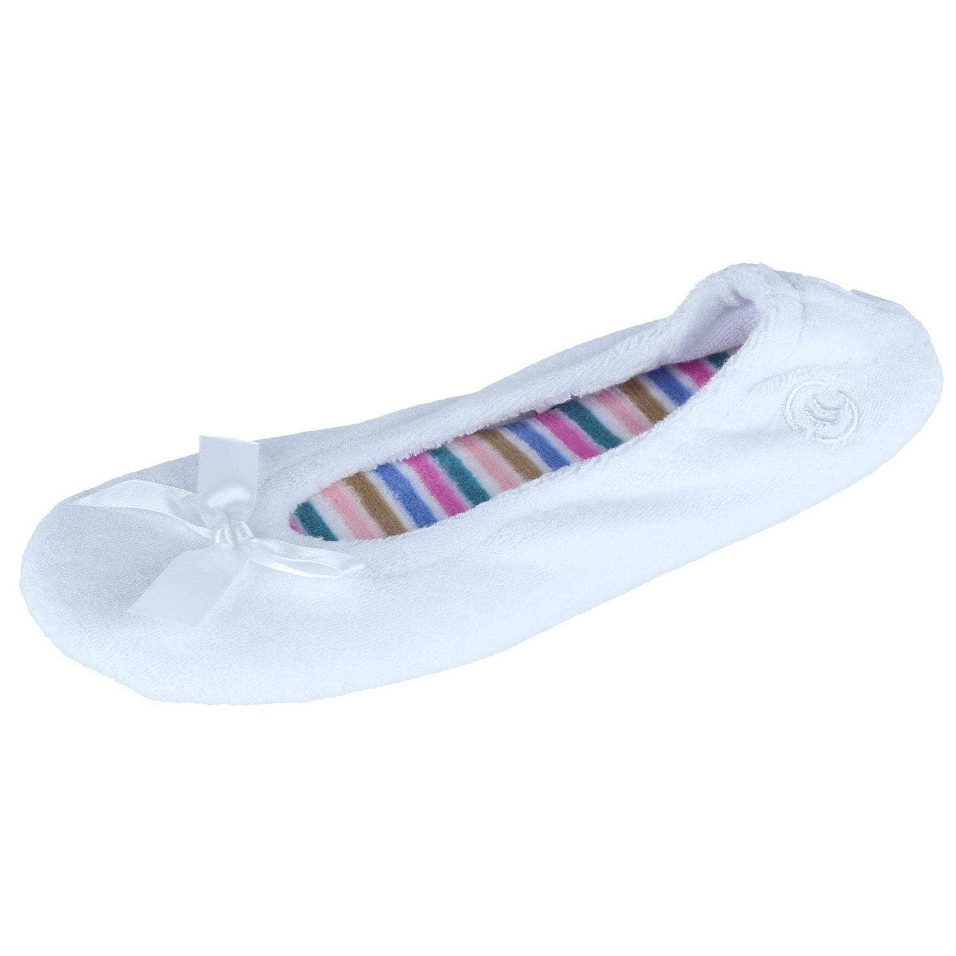 Isotoner Women's Terry Classic Ballerina Slippers - White with Stripes