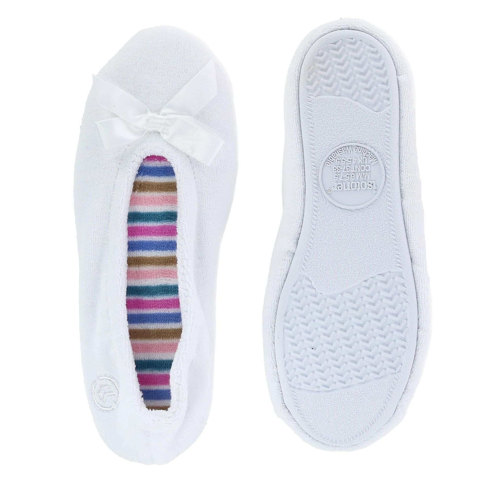 Isotoner Women's Terry Classic Ballerina Slippers - White with Stripes