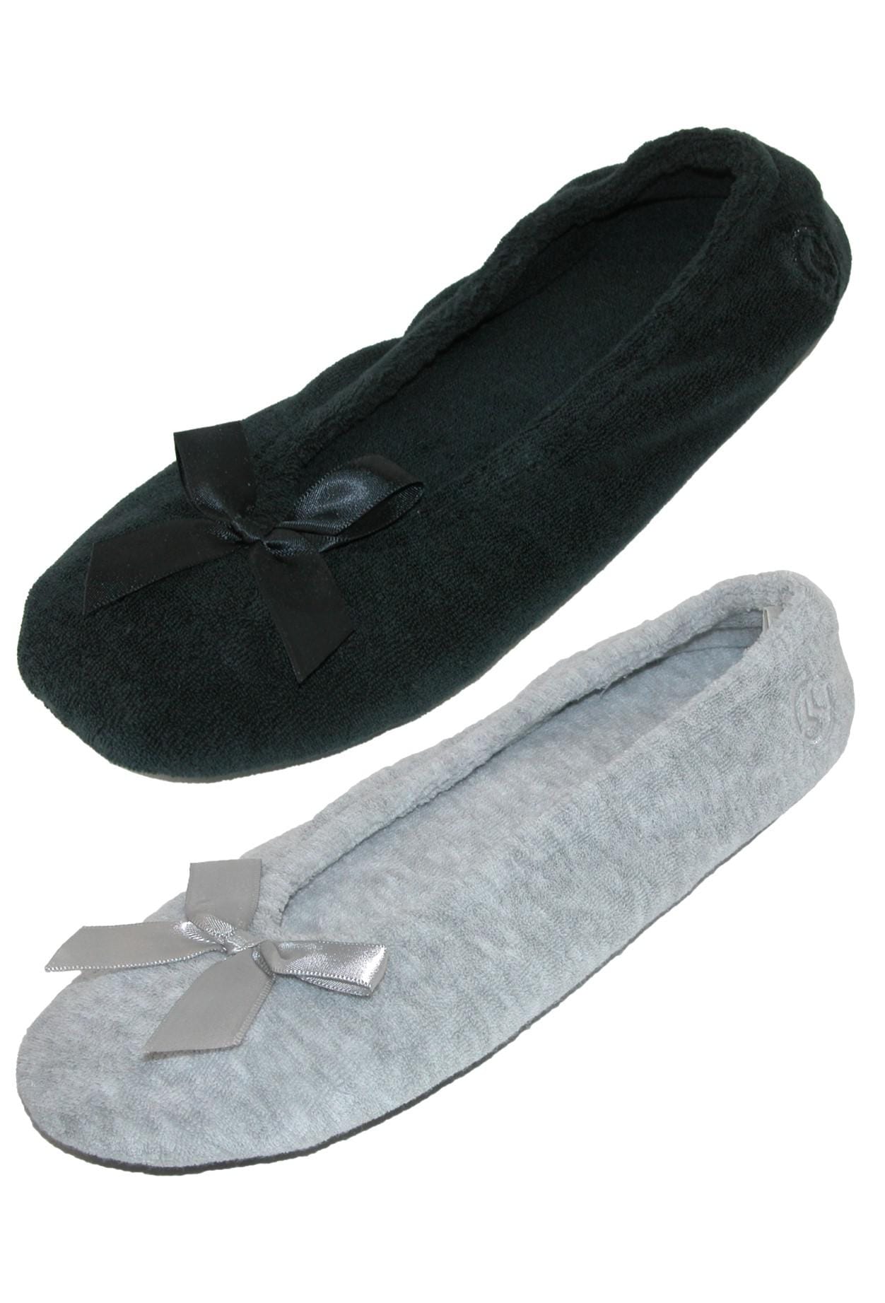 Isotoner Women's Terry Classic Ballerina Slippers (Pack of 2) - Black and Grey