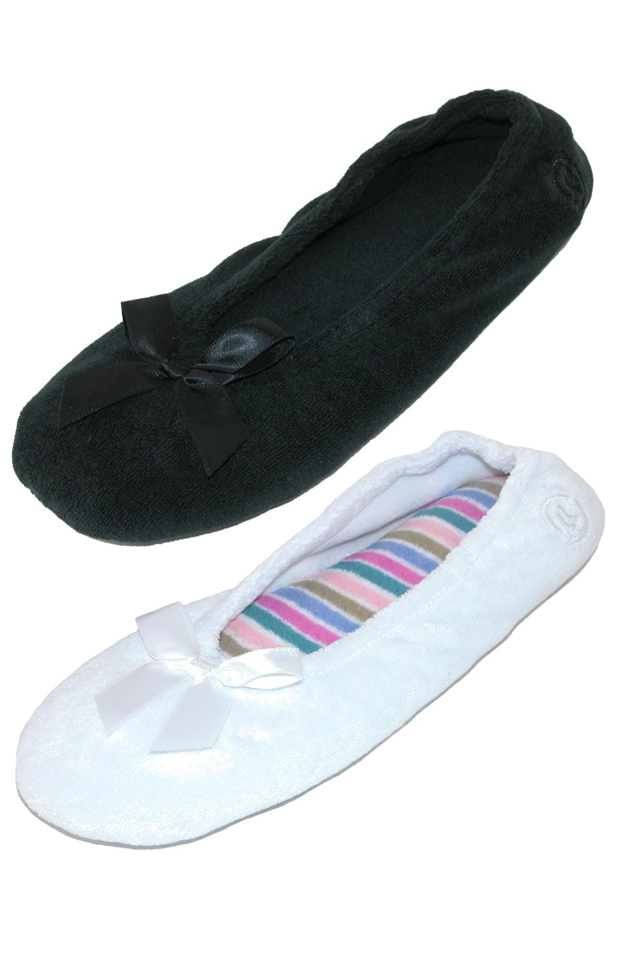 Isotoner Women's Terry Classic Ballerina Slippers (Pack of 2) - Black and White