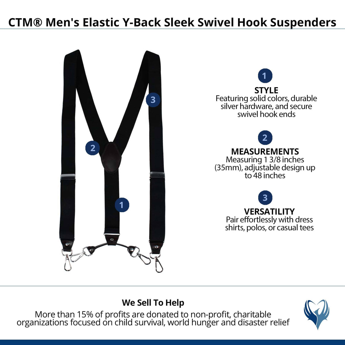CTM® Men's Elastic Y-Back Sleek Swivel Hook Suspenders - Black