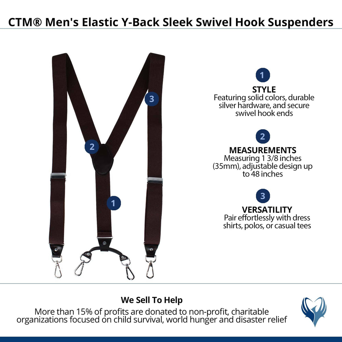 CTM® Men's Elastic Y-Back Sleek Swivel Hook Suspenders - Brown