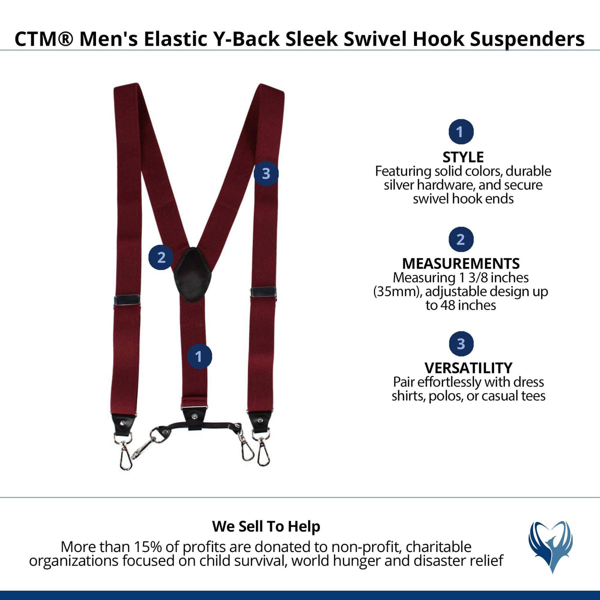 CTM® Men's Elastic Y-Back Sleek Swivel Hook Suspenders - Burgundy