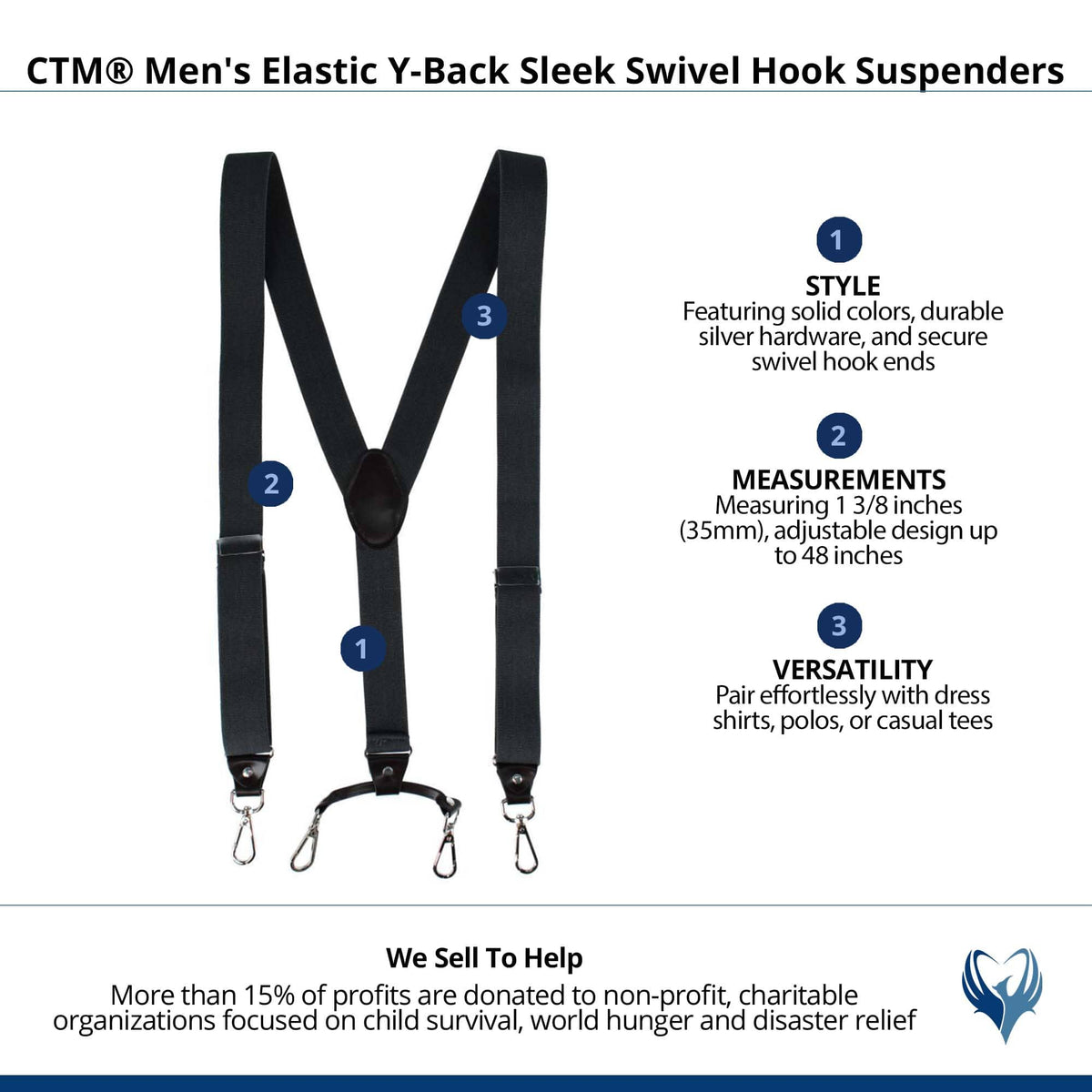 CTM® Men's Elastic Y-Back Sleek Swivel Hook Suspenders - Gray