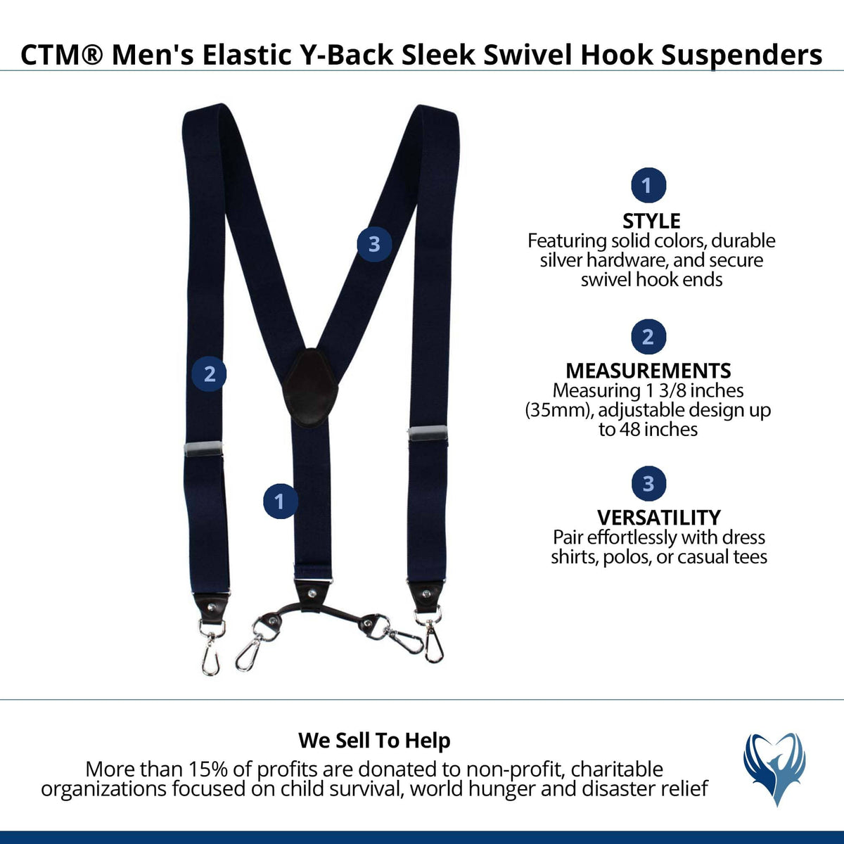 CTM® Men's Elastic Y-Back Sleek Swivel Hook Suspenders - Navy Blue