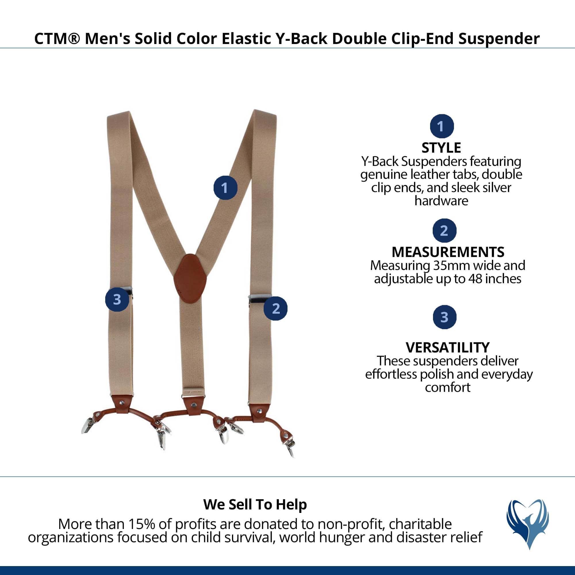 CTM® Men's Solid Color Elastic Y-Back Double Clip-End Suspender - Beige