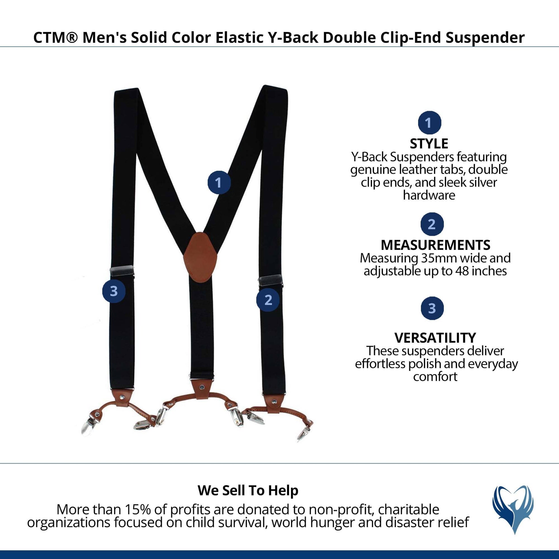 CTM® Men's Solid Color Elastic Y-Back Double Clip-End Suspender - Black