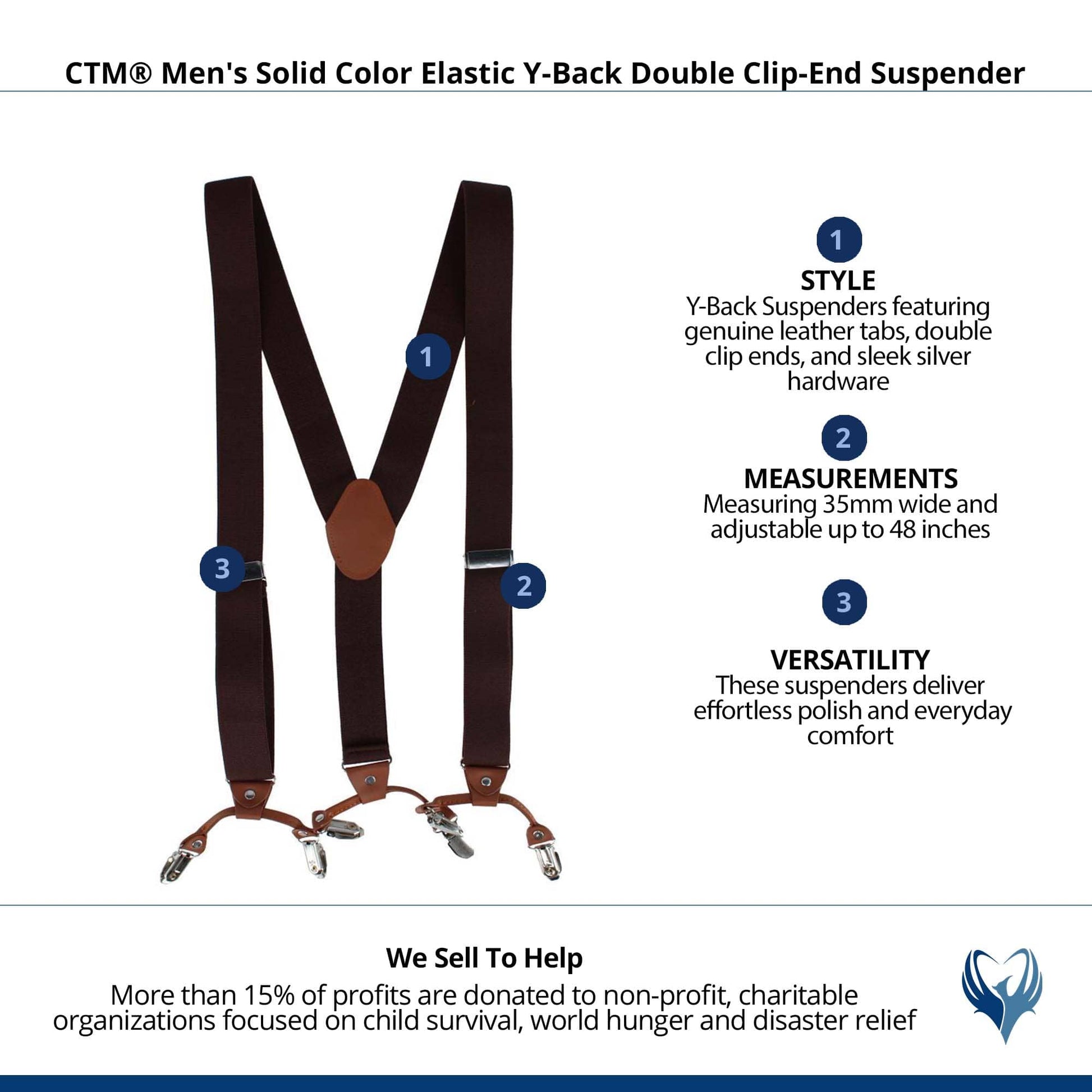 CTM® Men's Solid Color Elastic Y-Back Double Clip-End Suspender - Brown