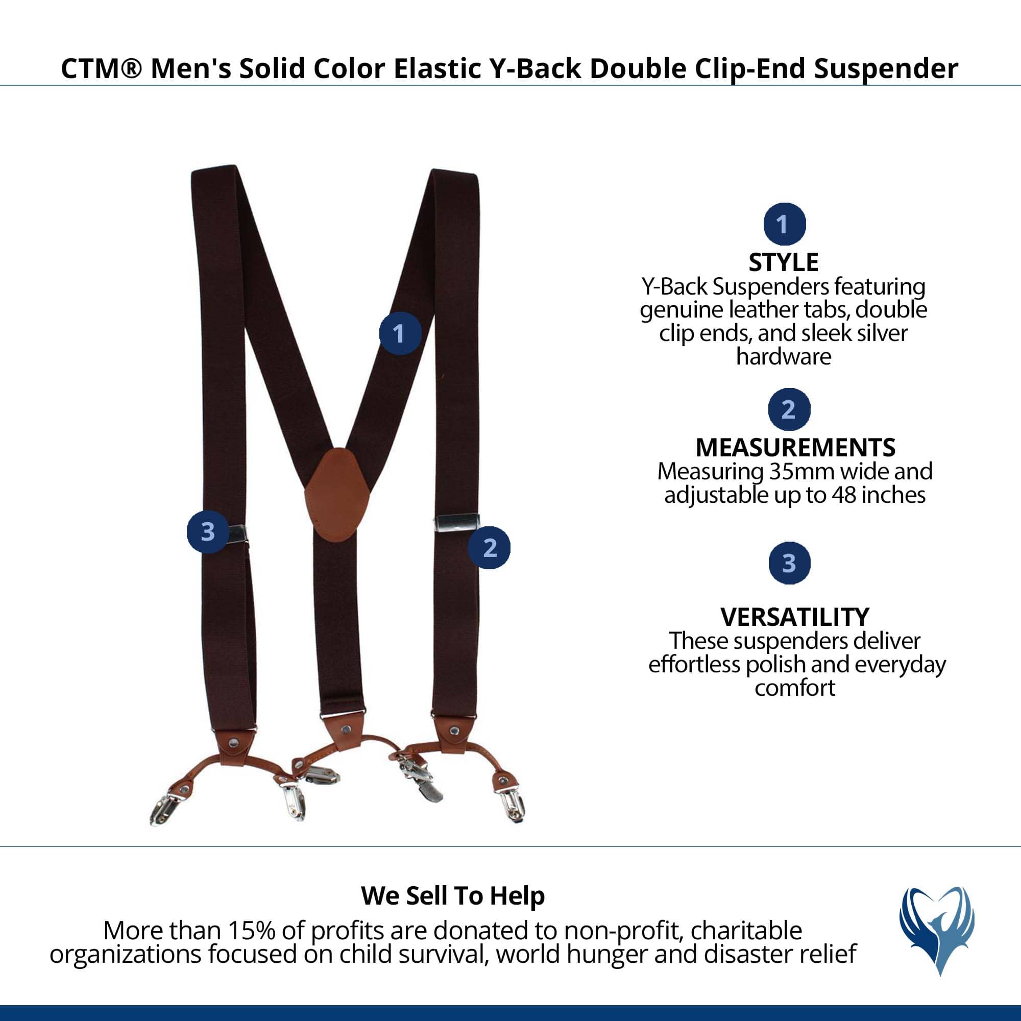 CTM® Men's Solid Color Elastic Y-Back Double Clip-End Suspender - Brown
