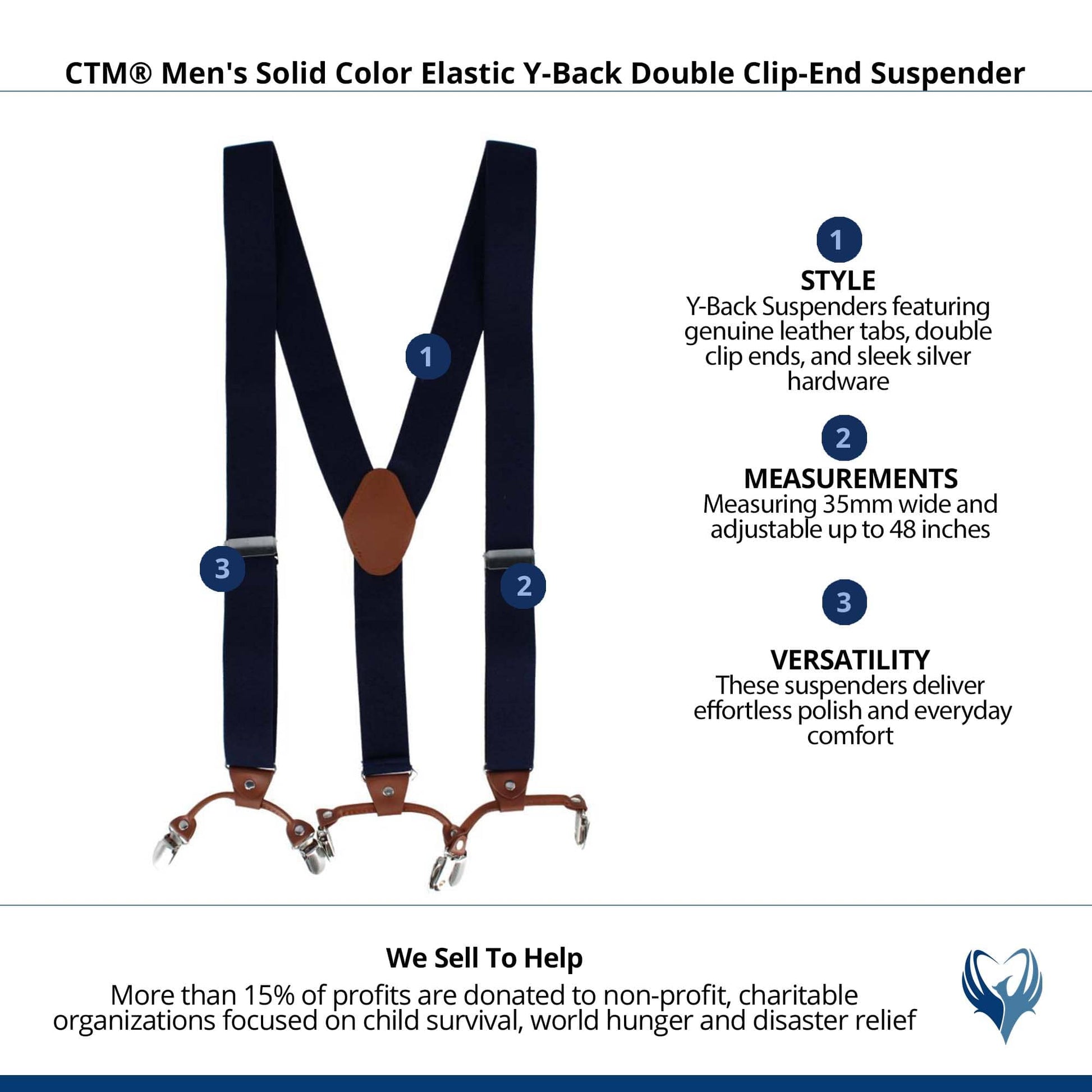 CTM® Men's Solid Color Elastic Y-Back Double Clip-End Suspender - Navy Blue