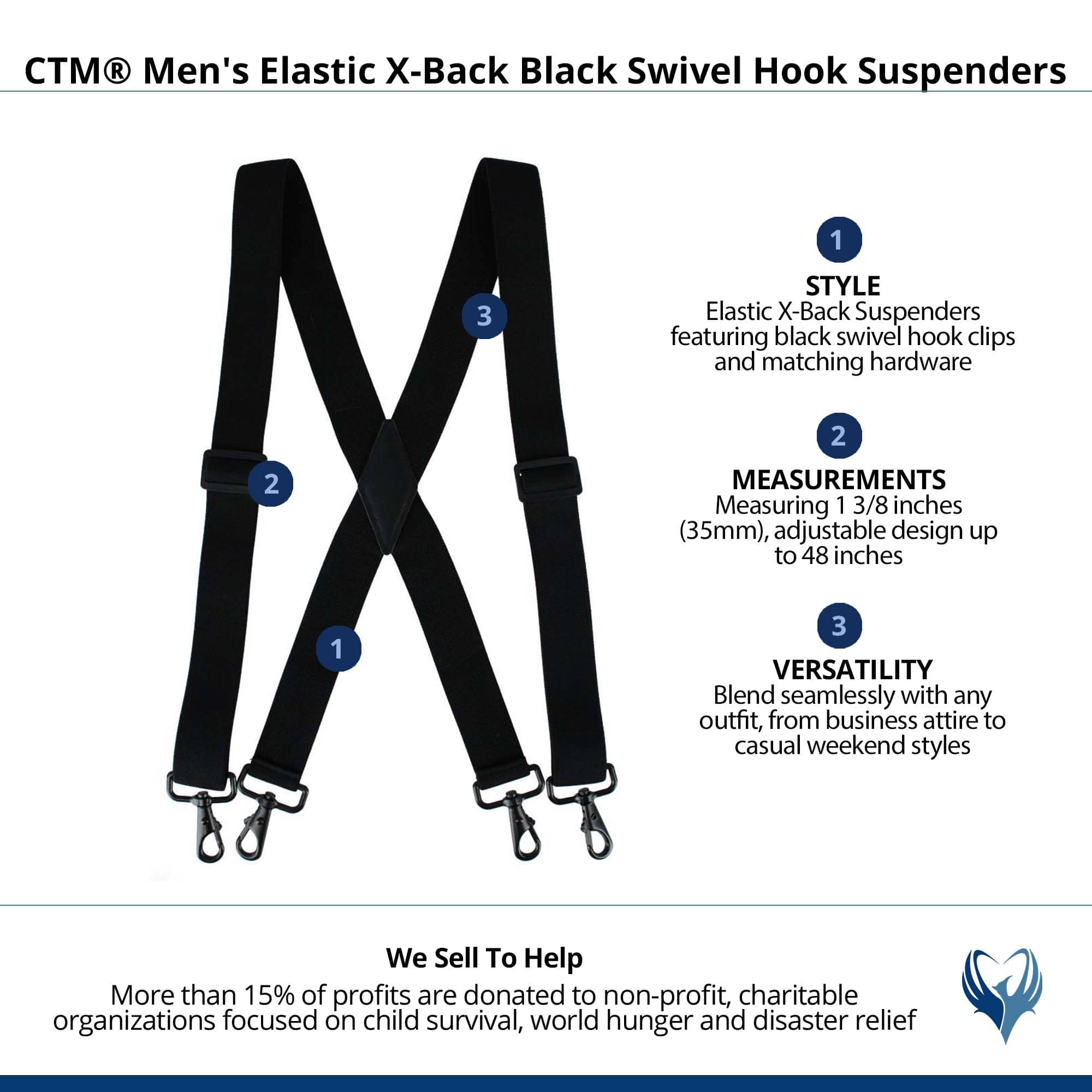 CTM® Men's Elastic X-Back Black Swivel Hook Suspenders - Black
