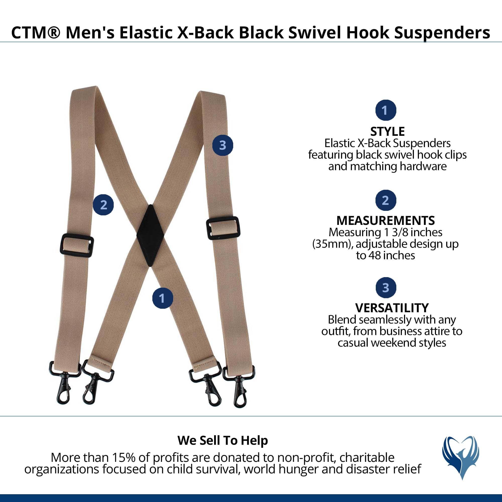 CTM® Men's Elastic X-Back Black Swivel Hook Suspenders - Tan