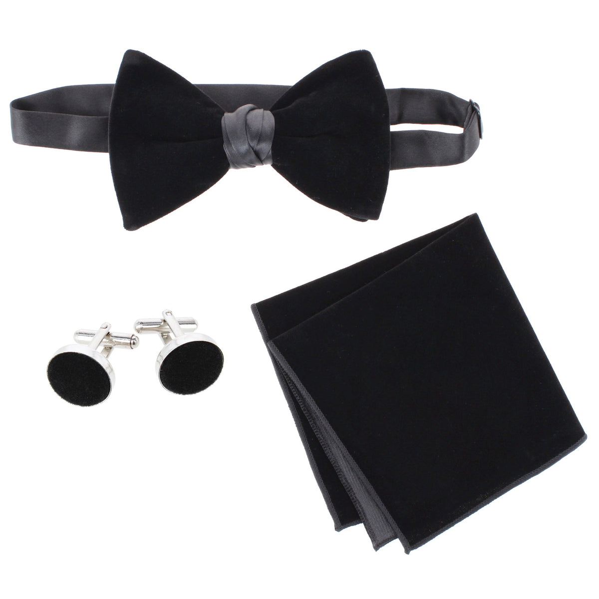 CTM® Men's Velvet Feel Bow Tie Pocket Square and Cuff Link Set - Black