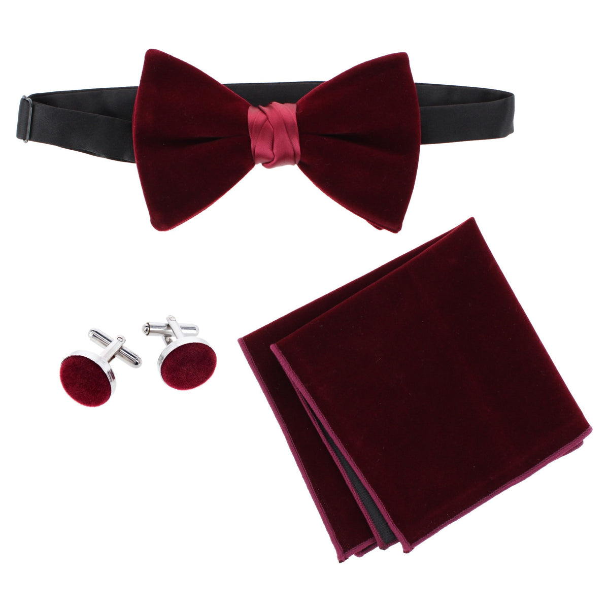CTM® Men's Velvet Feel Bow Tie Pocket Square and Cuff Link Set - Burgundy