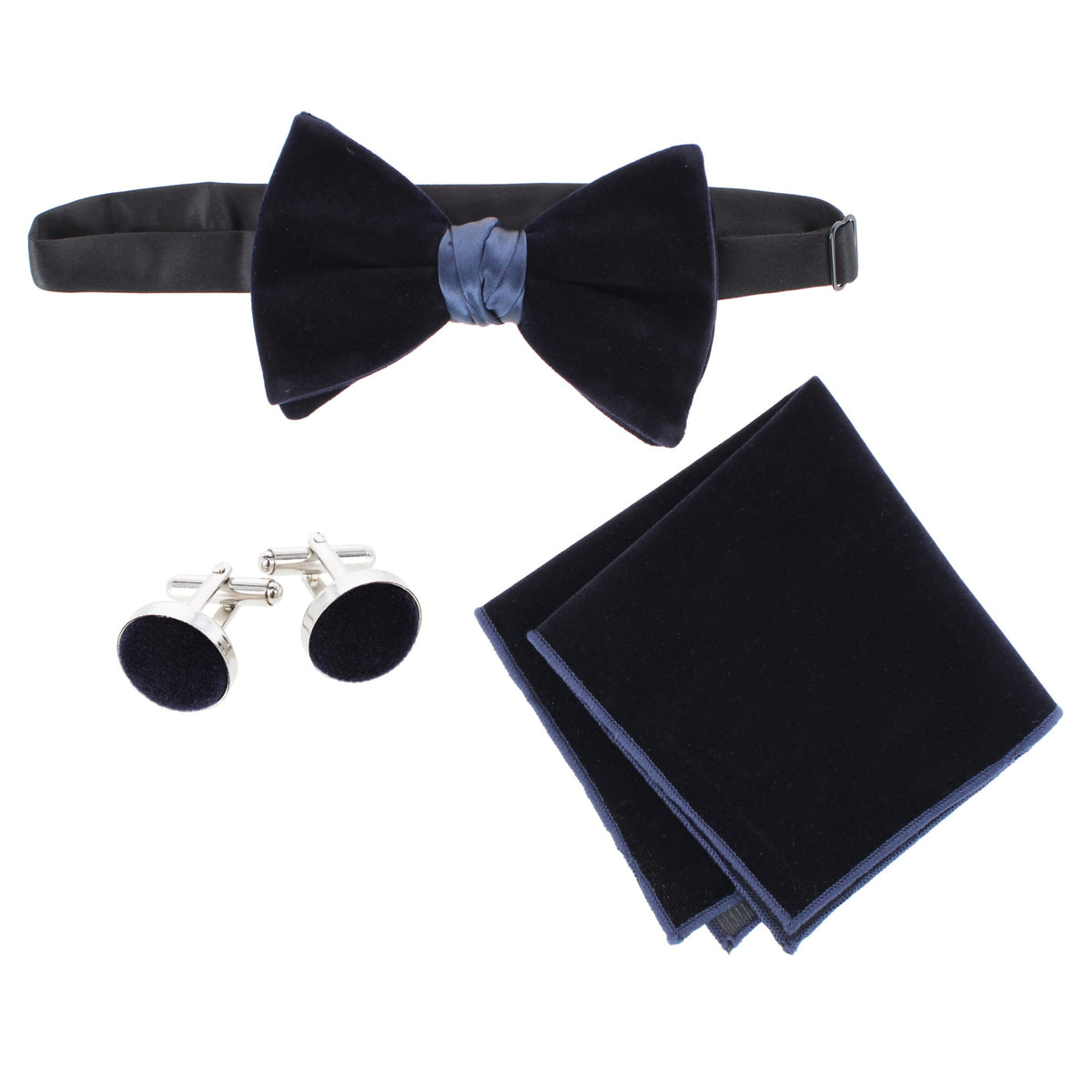 CTM® Men's Velvet Feel Bow Tie Pocket Square and Cuff Link Set - Navy