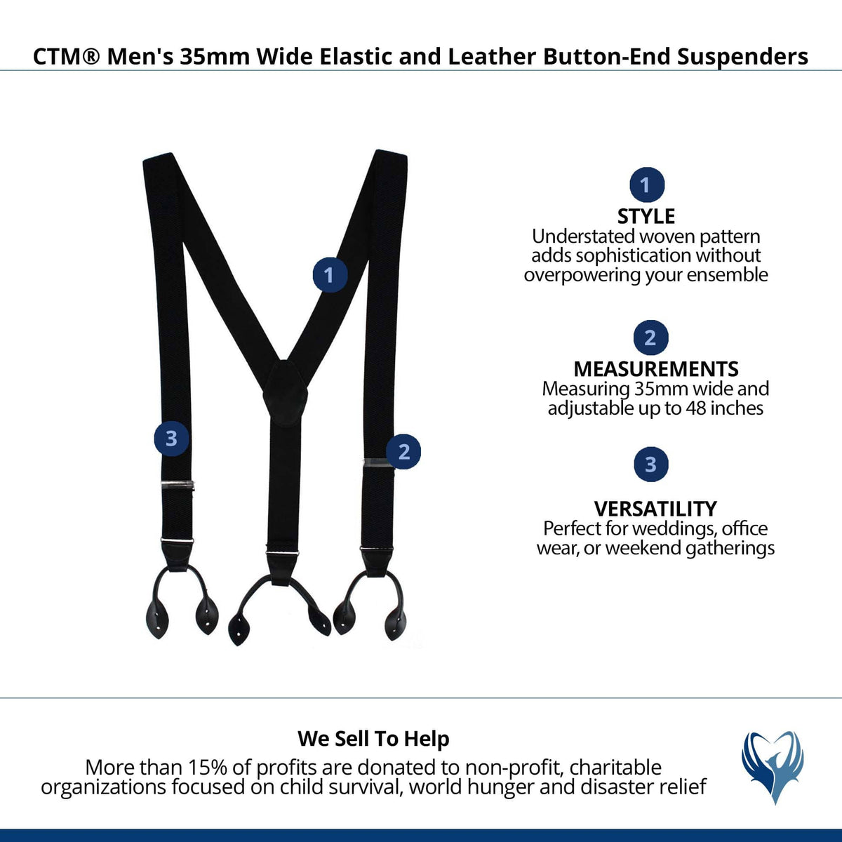 CTM® Men's 35mm Wide Elastic and Leather Button-End Suspenders - Black