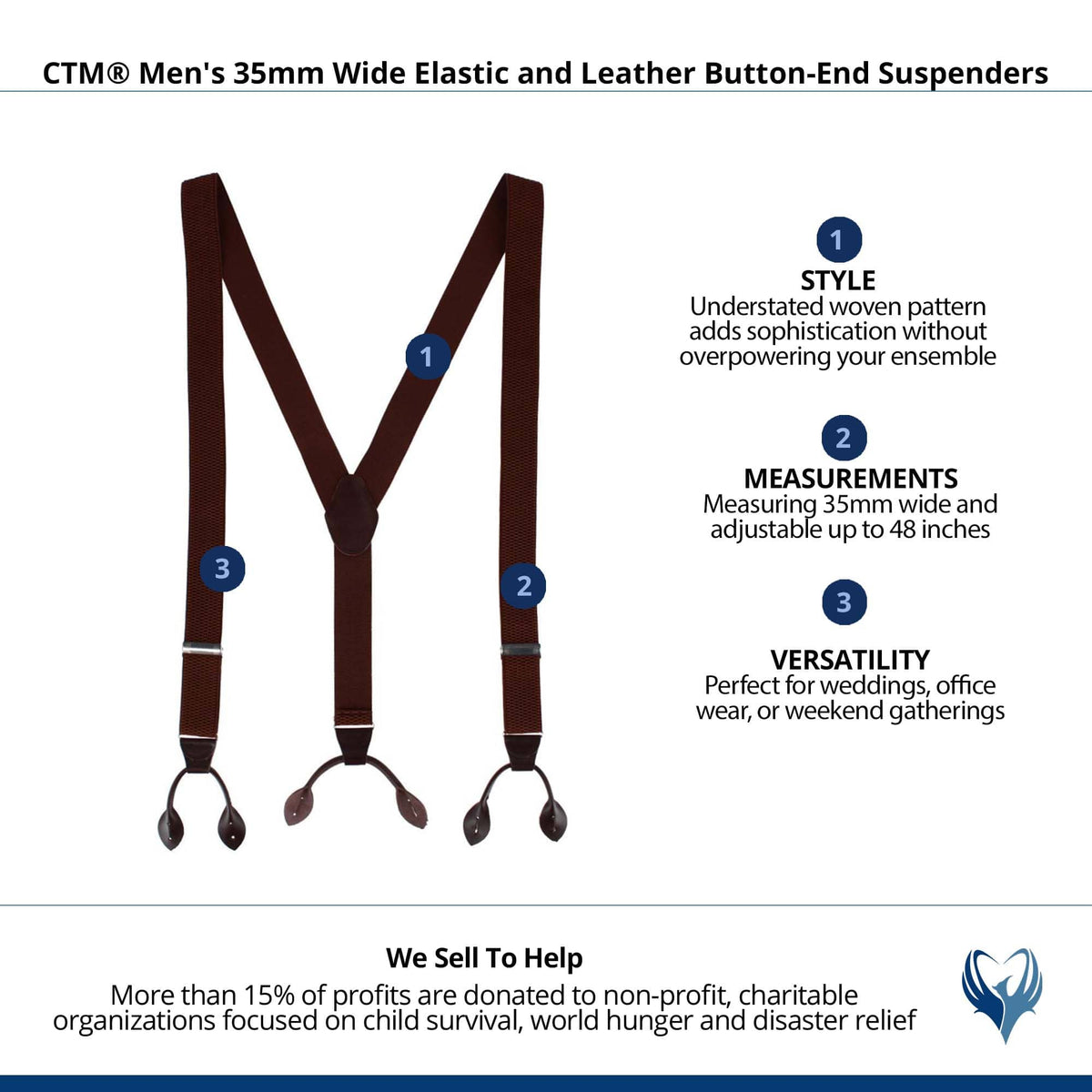 CTM® Men's 35mm Wide Elastic and Leather Button-End Suspenders - Brown