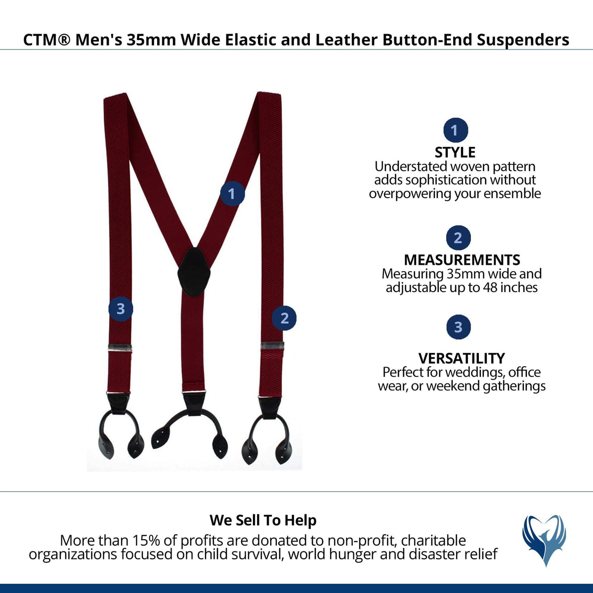 CTM® Men's 35mm Wide Elastic and Leather Button-End Suspenders - Burgundy