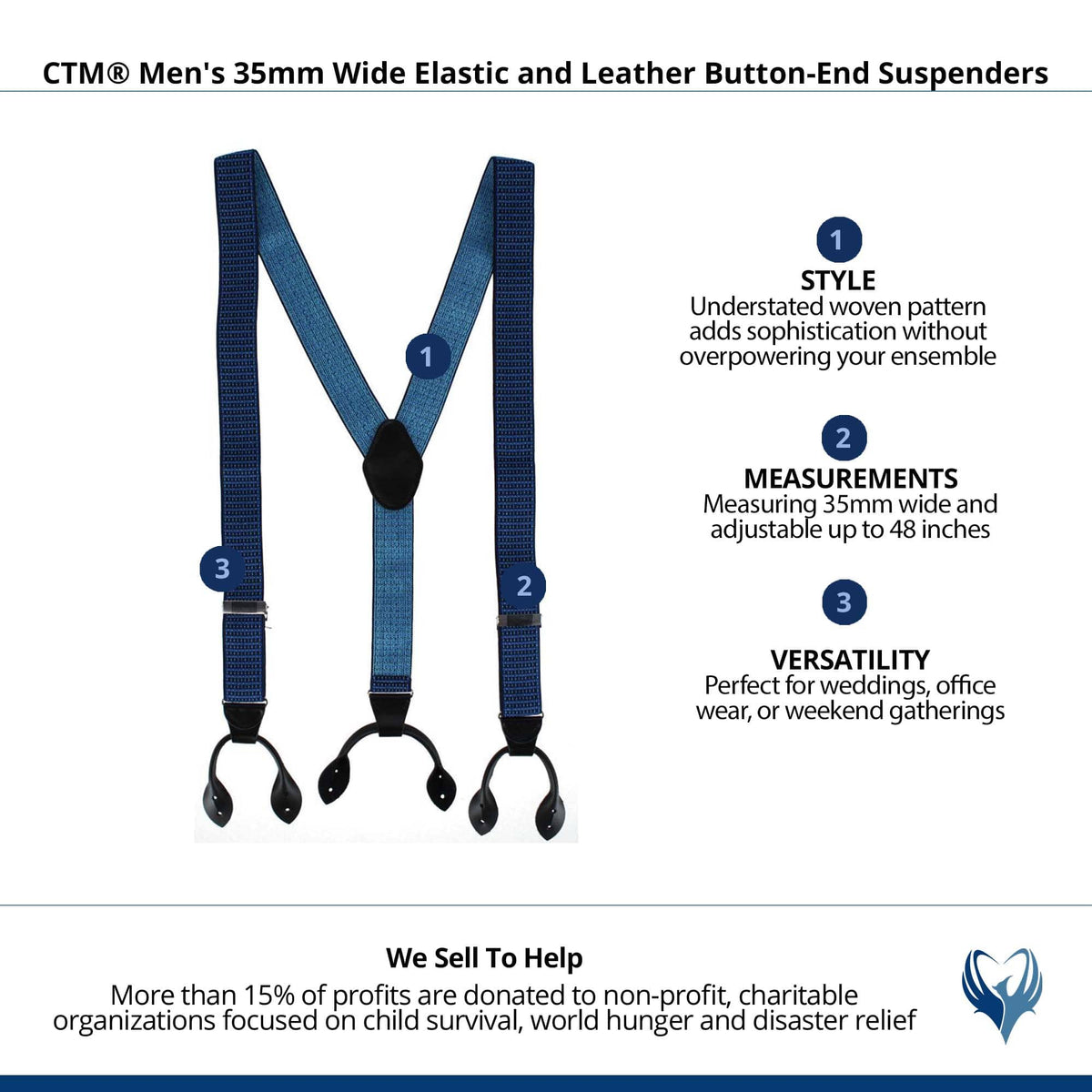 CTM® Men's 35mm Wide Elastic and Leather Button-End Suspenders - Navy Blue
