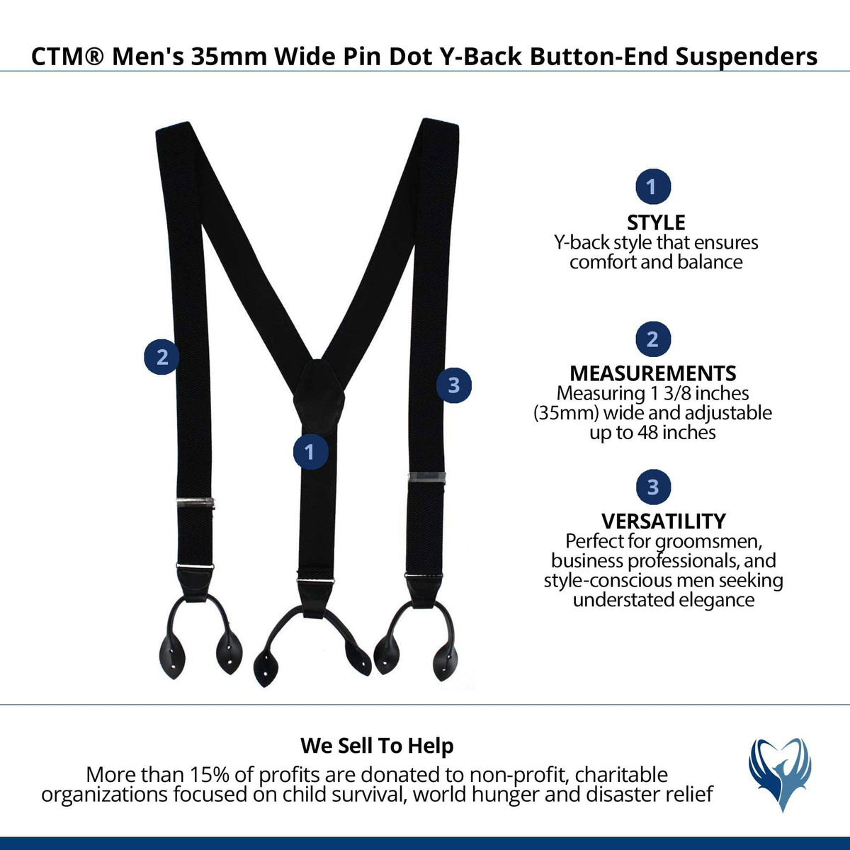CTM® Men's 35mm Wide Pin Dot Y-Back Button-End Suspenders - Black
