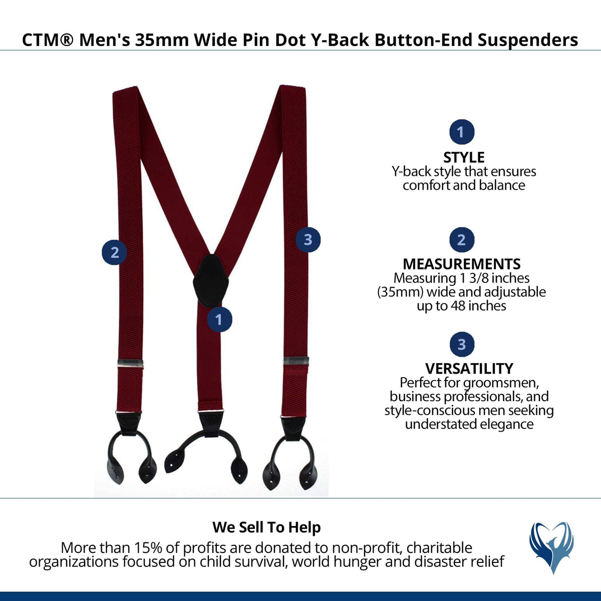 CTM® Men's 35mm Wide Pin Dot Y-Back Button-End Suspenders - Burgundy