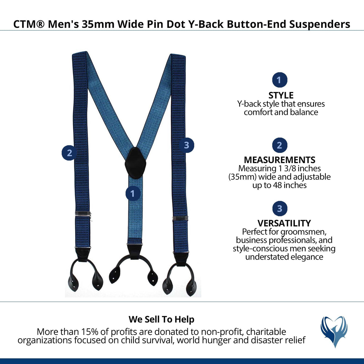 CTM® Men's 35mm Wide Pin Dot Y-Back Button-End Suspenders - Navy Blue