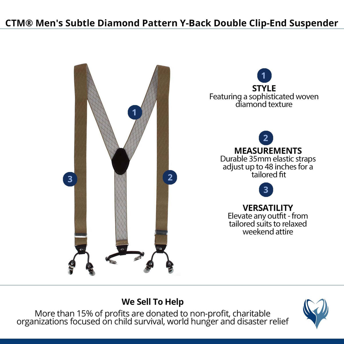 CTM® Men's Subtle Diamond pattern Y-Back Double Clip-End Suspender - Beige