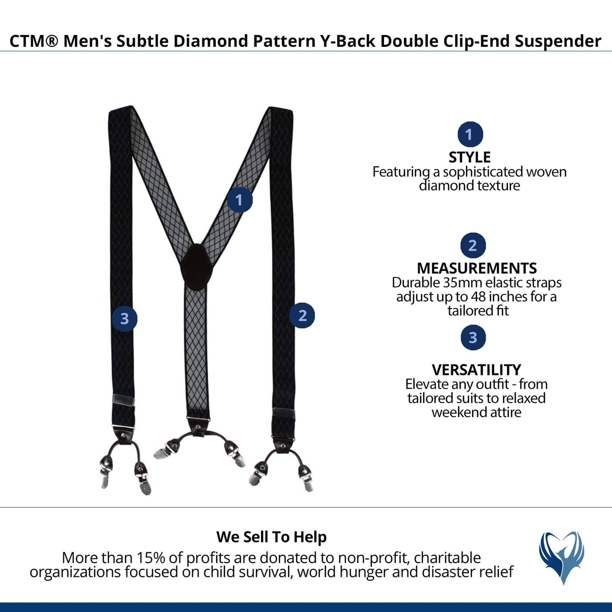 CTM® Men's Subtle Diamond pattern Y-Back Double Clip-End Suspender - Black