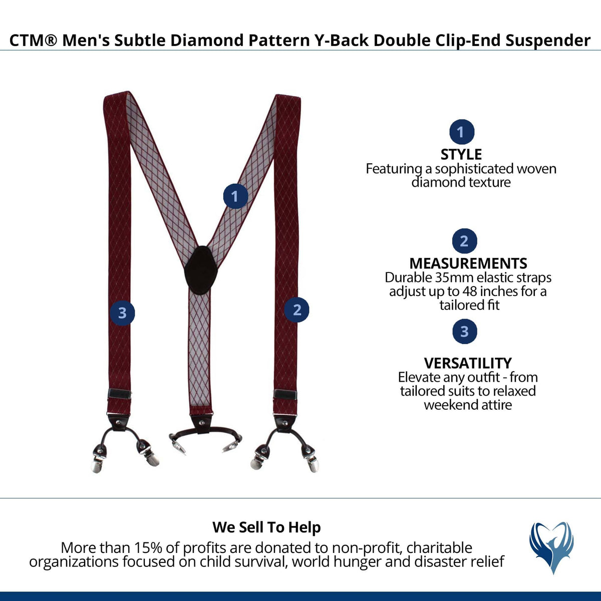 CTM® Men's Subtle Diamond pattern Y-Back Double Clip-End Suspender - Burgundy