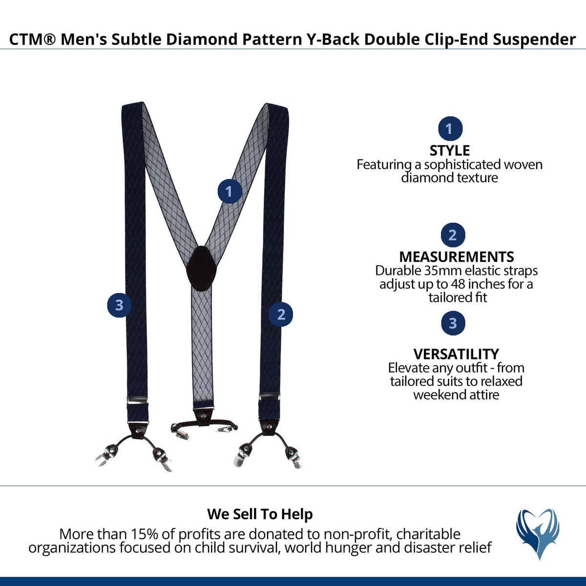 CTM® Men's Subtle Diamond pattern Y-Back Double Clip-End Suspender - Navy Blue