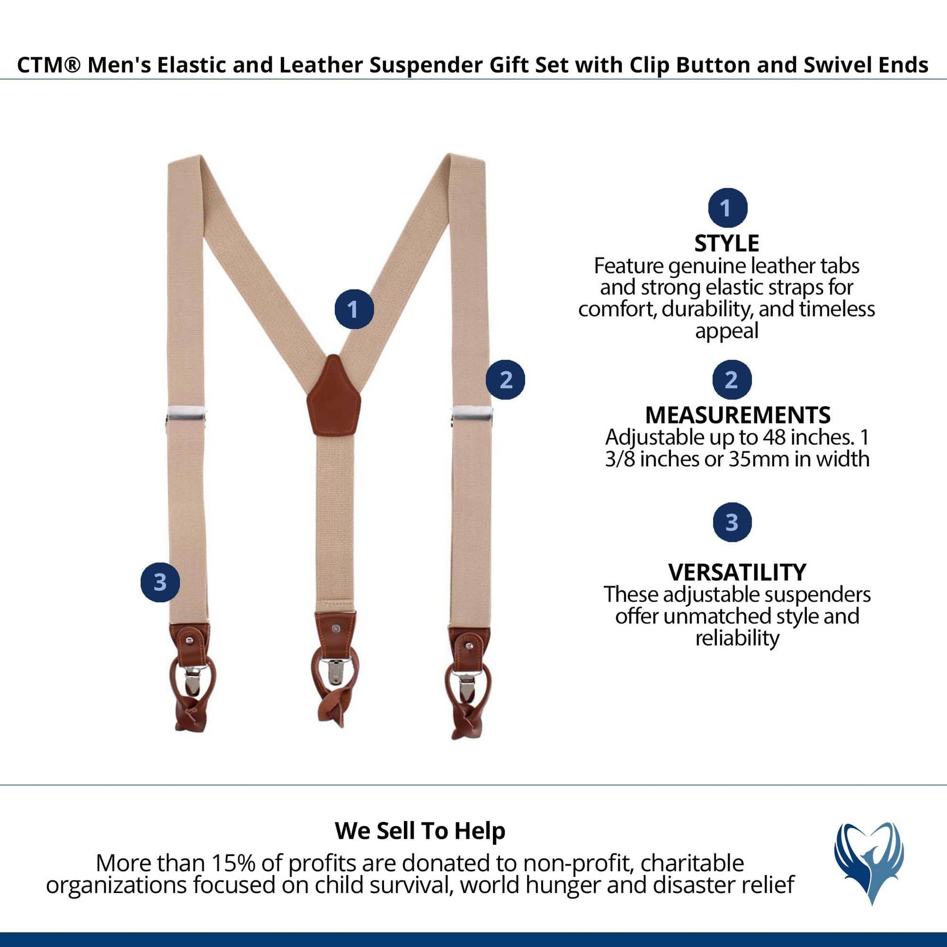 CTM® Men's Elastic  Suspender Gift Set with Clip Button and Swivel Ends - Beige