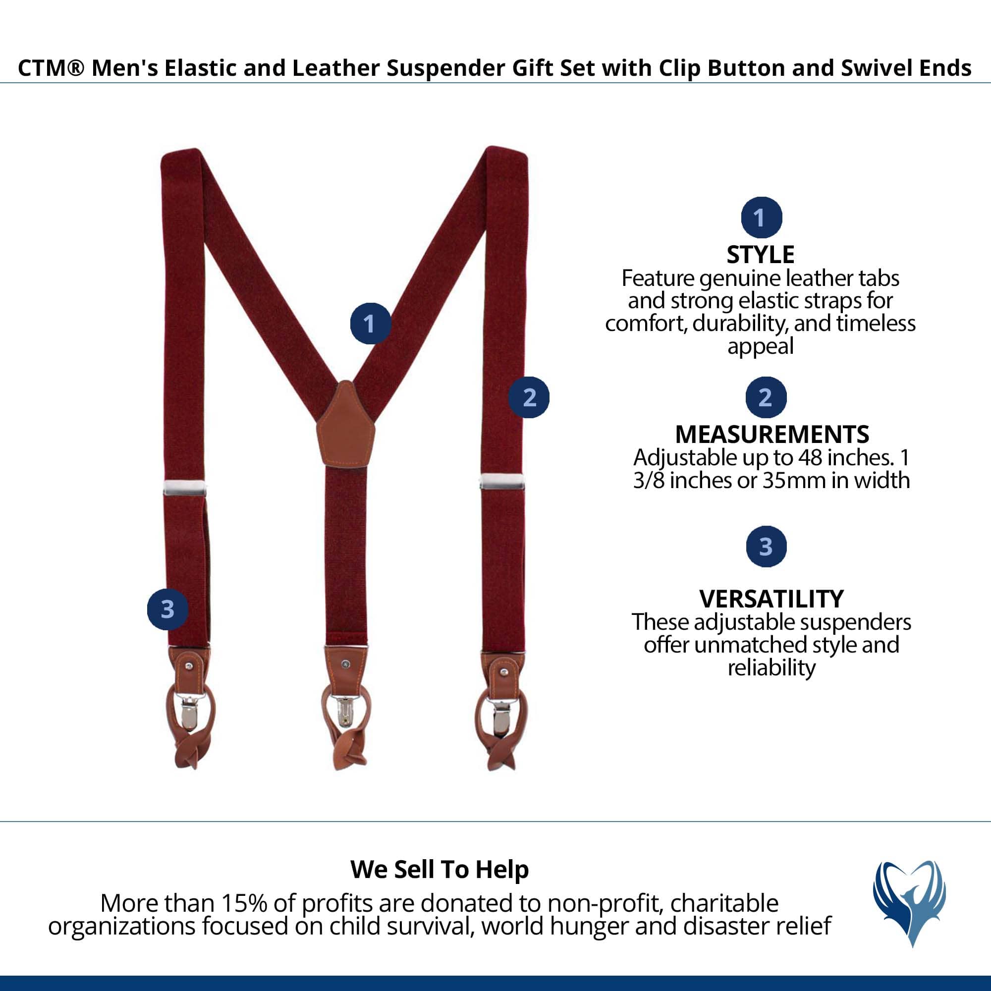 CTM® Men's Elastic  Suspender Gift Set with Clip Button and Swivel Ends - Burgundy