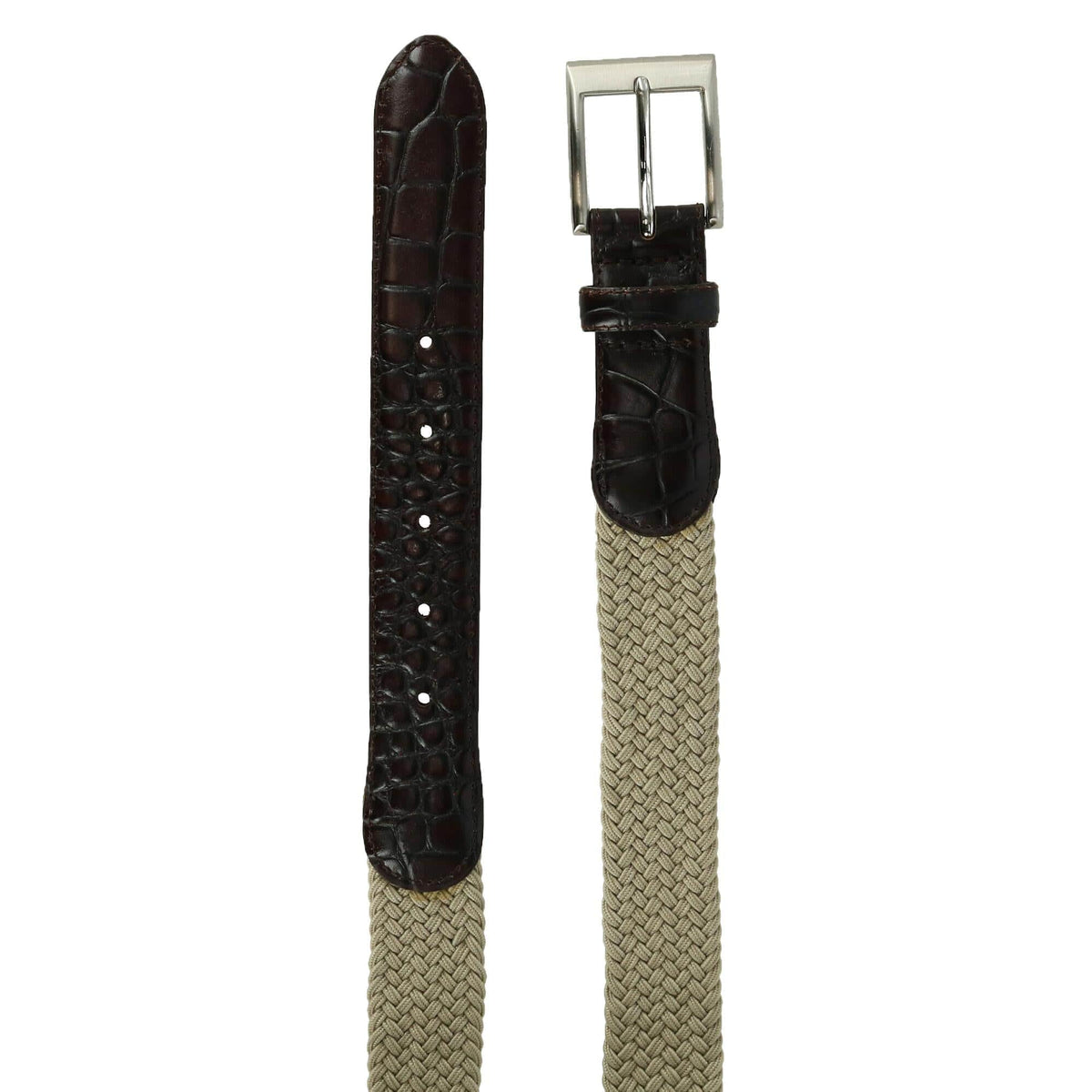 CTM® Men's Braided Elastic Stretch Belt with Croc Print End Tabs - Khaki