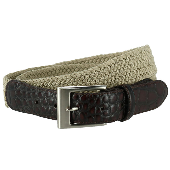 Men's Braided Elastic Stretch Belt with Croc Print End Tabs